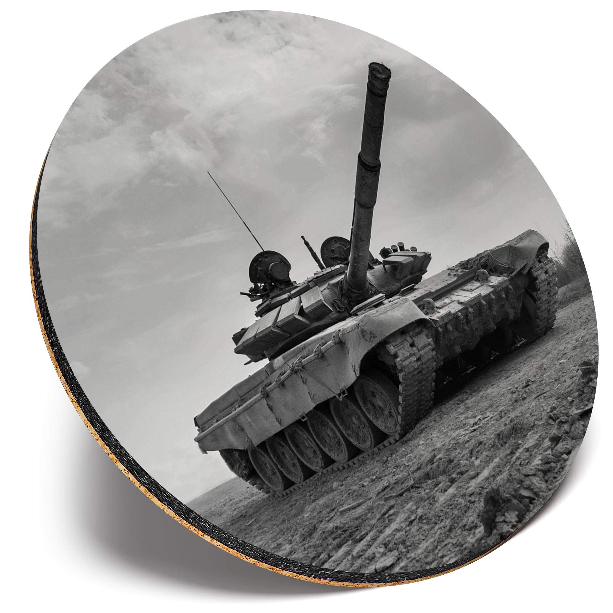 Destination Vinyl Ltd Multicolor Round Single Coaster - Bw - Army Tank Battle Armed Forces |Glossy Quality Coasters | Tabletop Protection For Any Table Type #42488