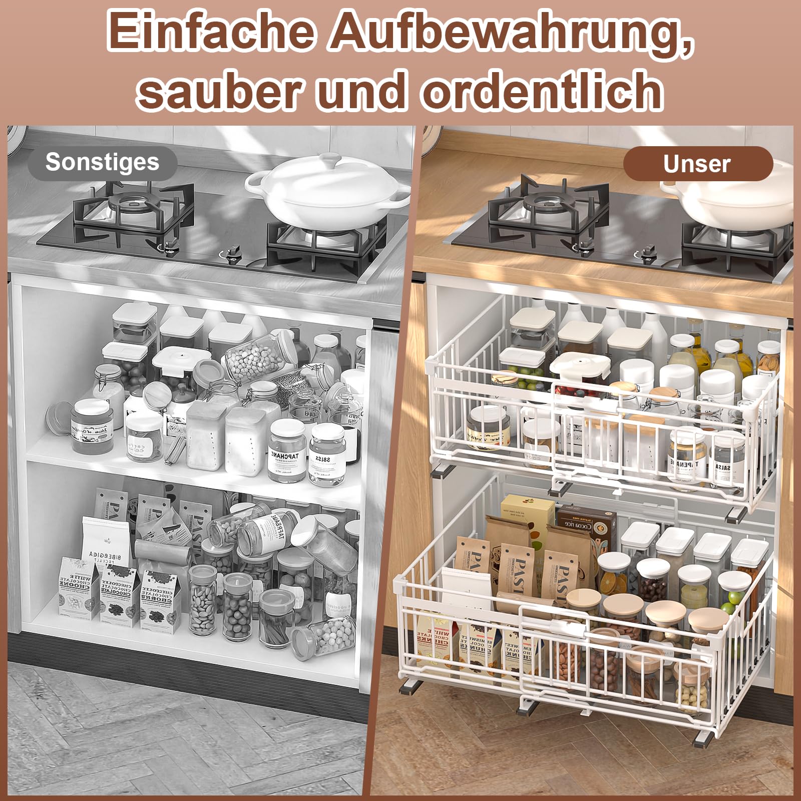 2 Stück teleskopschublade ausziehbare schublade küche mit Kleber,Ausziehbarer Schrank Organizer mit Schienensystem,32.5-50cm Verstellbare Breite teleskopschublade,Weiß