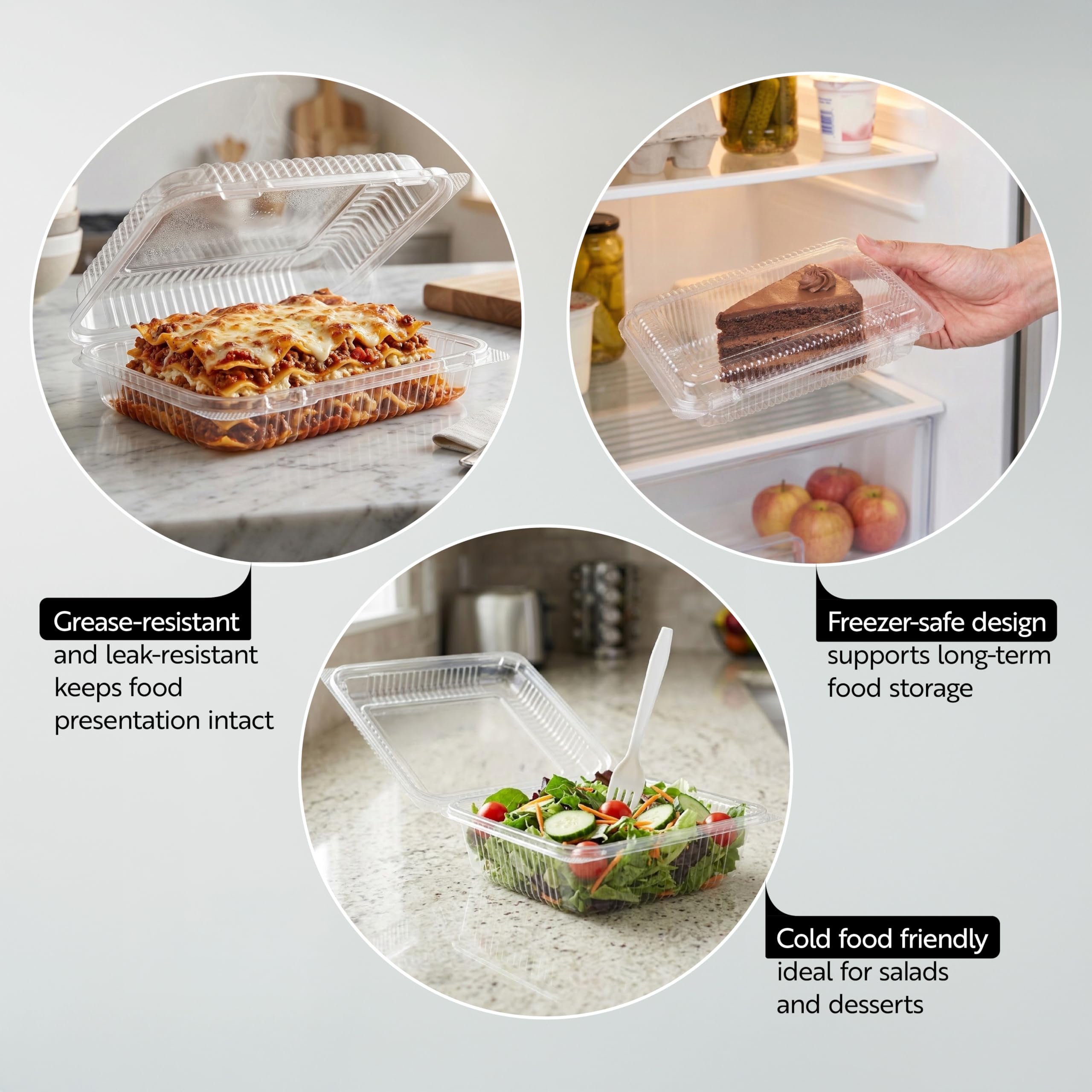Restaurantware Thermo Tek - Contenedores de alimentos de 7.5 x 5.24 x 1.7 pulgadas, 100 recipientes rectangulares de concha - Contenedores de plástico transparente duraderos, resistentes, para