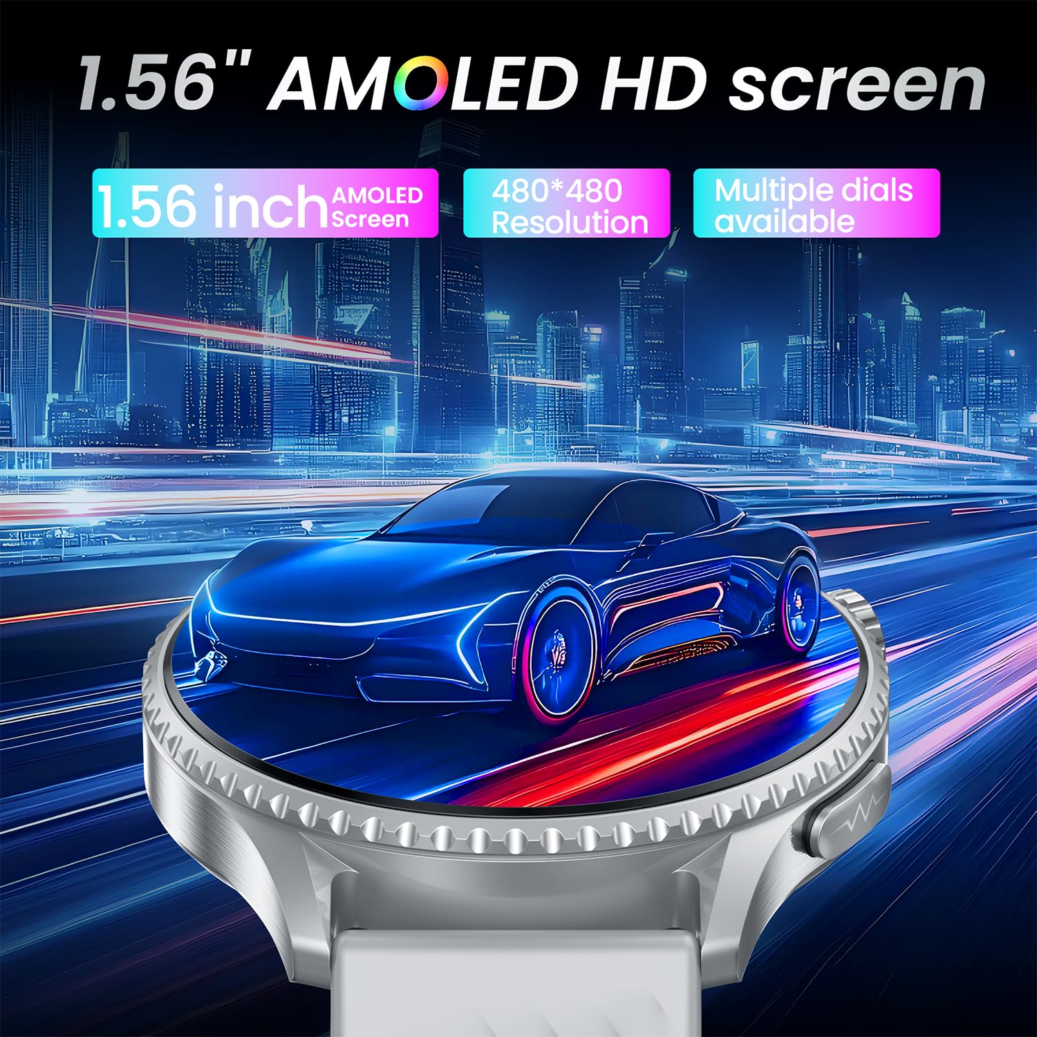 Smartwatch Reloj Inteligente Hombre con Llamadas: 1,56" AMOLED Smart Watch z funkcją ECG, częstotliwość akcji serca, SpO2, ciśnienie krwi, monitorowanie snu, Bluetooth, IP67, latarka, bransoletka