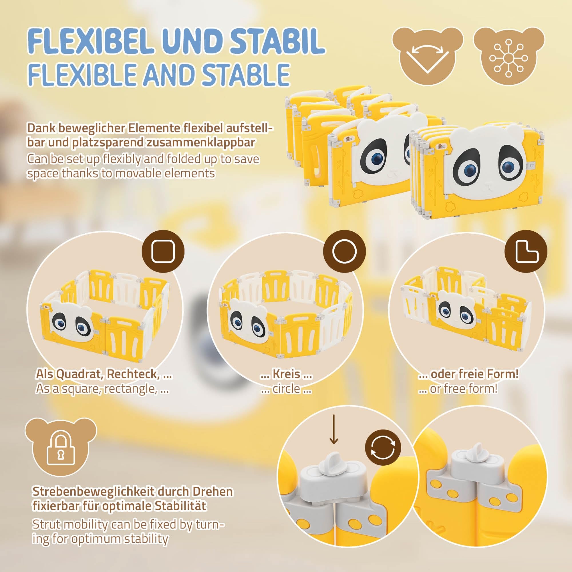 Joyz Box Bambini 160x160 cm Pieghevole Design Panda Bianco/Giallo Cancelletto con Porta e Orologio Didattico Recinto in Plastica per Interni/Esterni Cancelletto per l’Esplorazione dei Neonati