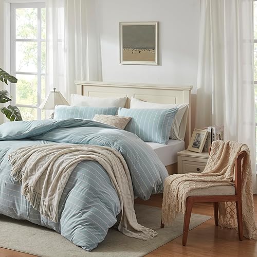 Miniatura 2 de H HOUSEHOLD Juego de funda de edredón de algodón de punto de jersey, funda de edredón de punto suave, tamaño Queen, juego de ropa de cama de 3