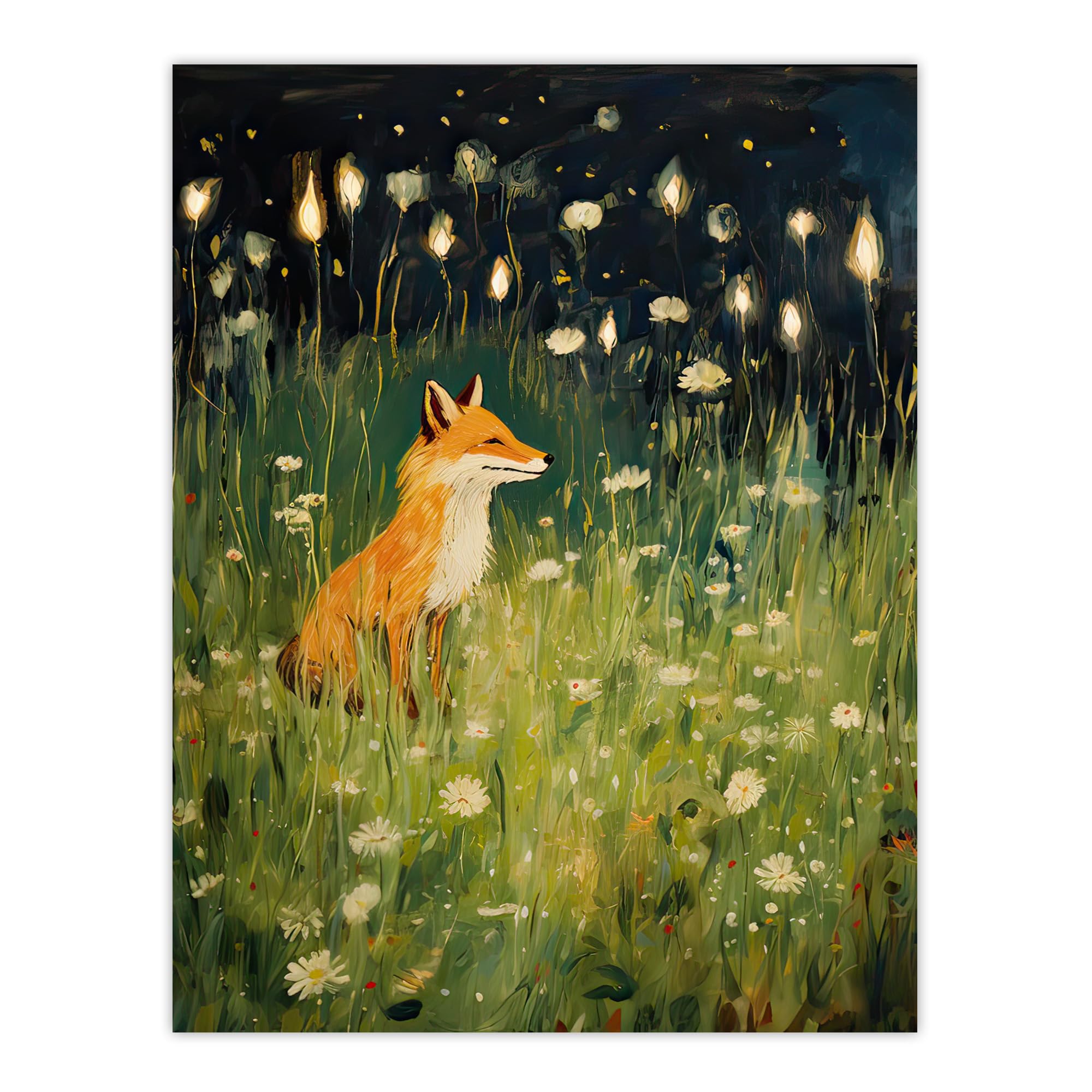 Artery8 Happy Fox in White Flower Meadow at Night Oil Painting Orange Green Spring Field Kids Bedroom Large Wall Art Poster Print Thick Paper 18X24 Inch