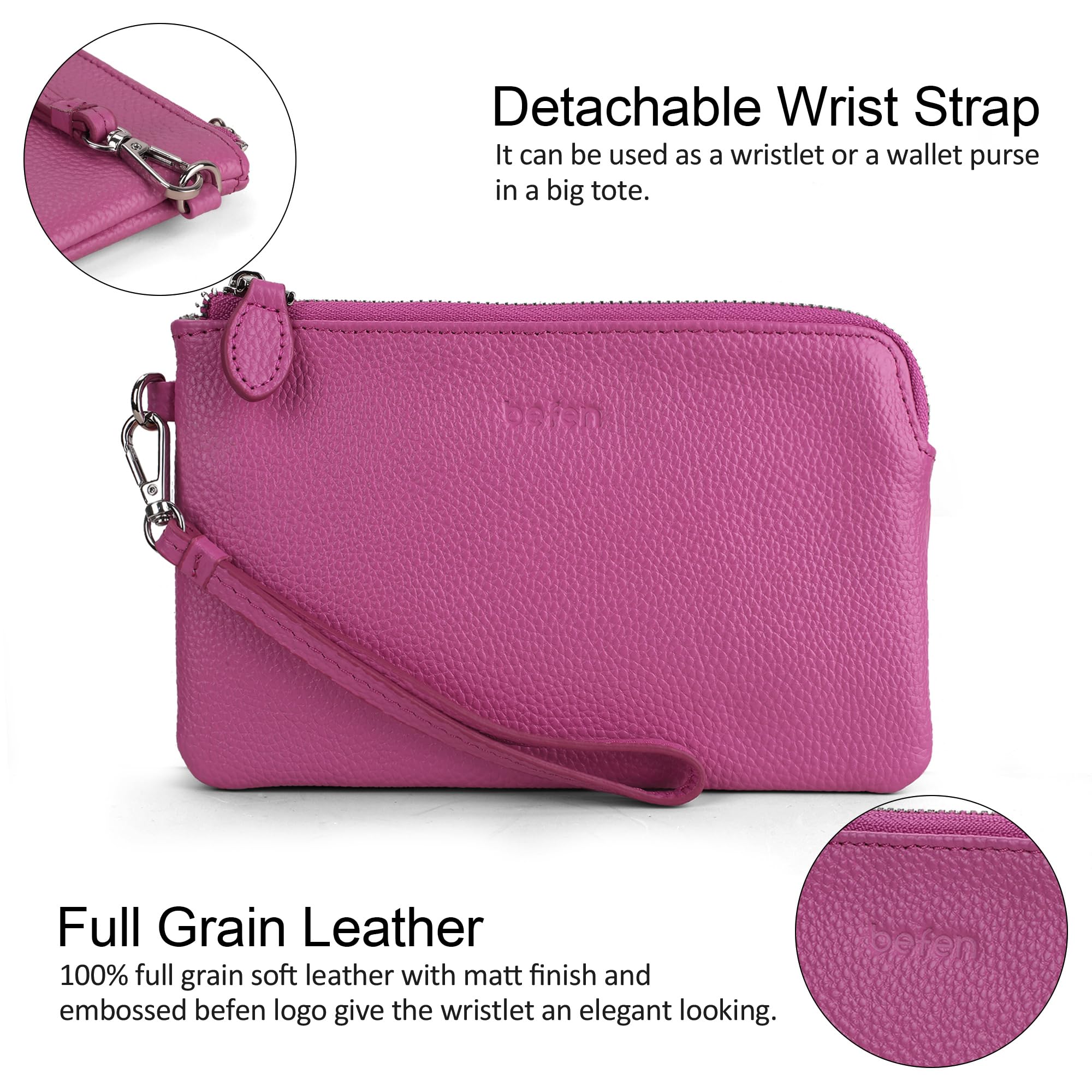 befen Women's Genuine Italian Leather Wristlet Clutch Wallet Purse, Gold Zipper (Fuchsia)