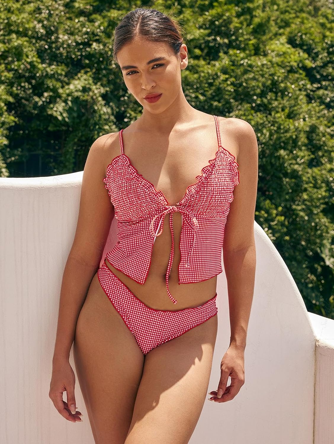 seamoly Gingham Bowknot Decor Smocked Ruffles Tie Front Tankini Set - Image 4