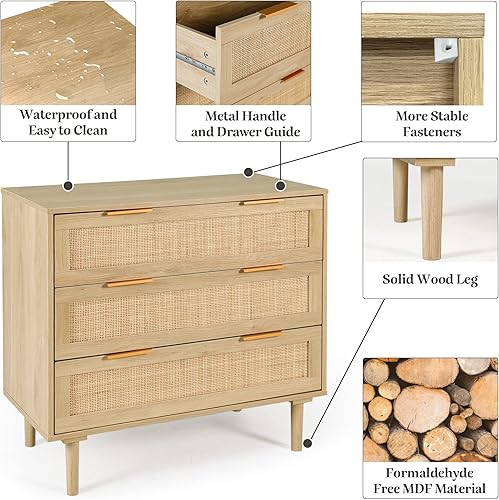 Miniatura 5 de HOPUBUY Cómoda de 3 cajones para dormitorio, cómoda de ratán de roble, cómoda, cómoda de madera clara, 3 cajones de almacenamiento para dormitorio,