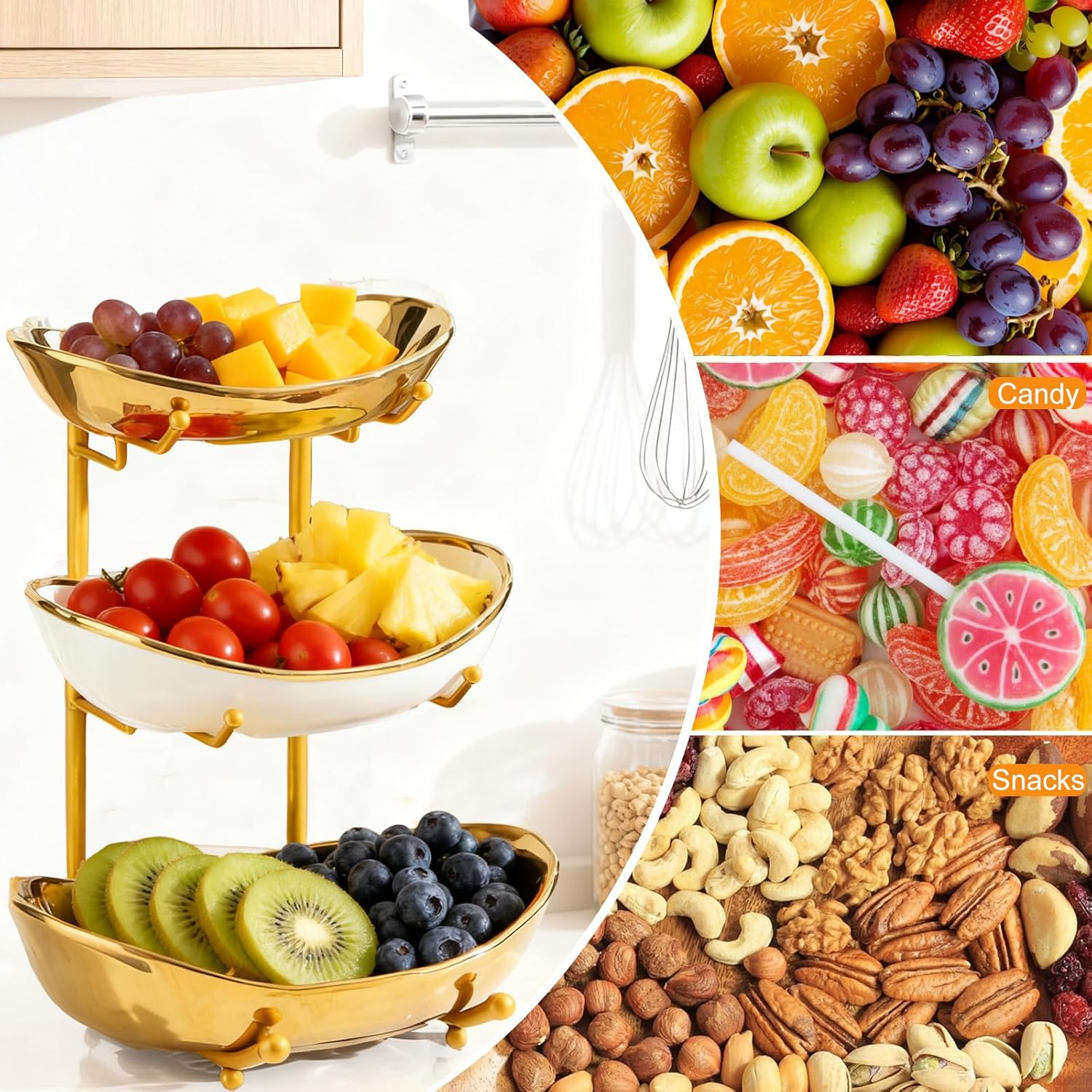 jessie 3 Tier Fruit Bowl for Kitchen Counter,Ceramic Bowl with Gold Metal Stand,3 Tier Fruit Basket for Vegetable Bread Candy Snack Nuts Dessert Cake Tray (Gold)