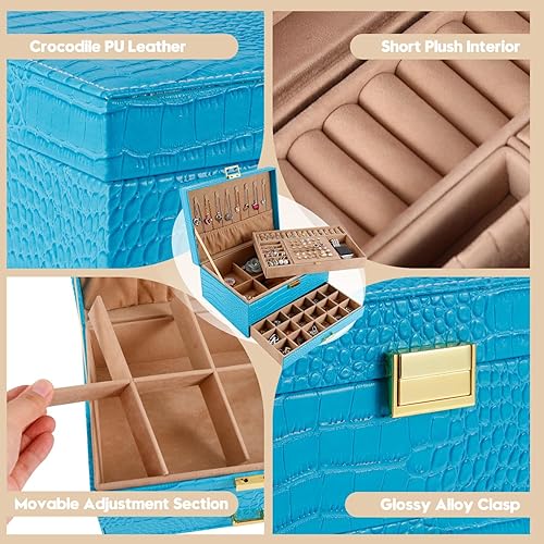 Miniatura 5 de Gifturbo Caja organizadora de joyas para mujeres y niñas, cajas de joyería de piel sintética azul, 3 capas de joyería, caja de regalo para pulseras,