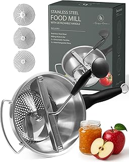 Stainless Steel Food Mill with Detachable Handles – Hand Crank Grinder for Baby Food, Tomato Sauce & Mashed Potatoes – Includes 3 Discs – Easy to Use & Clean – Great for Home Chefs, Parents & Canning