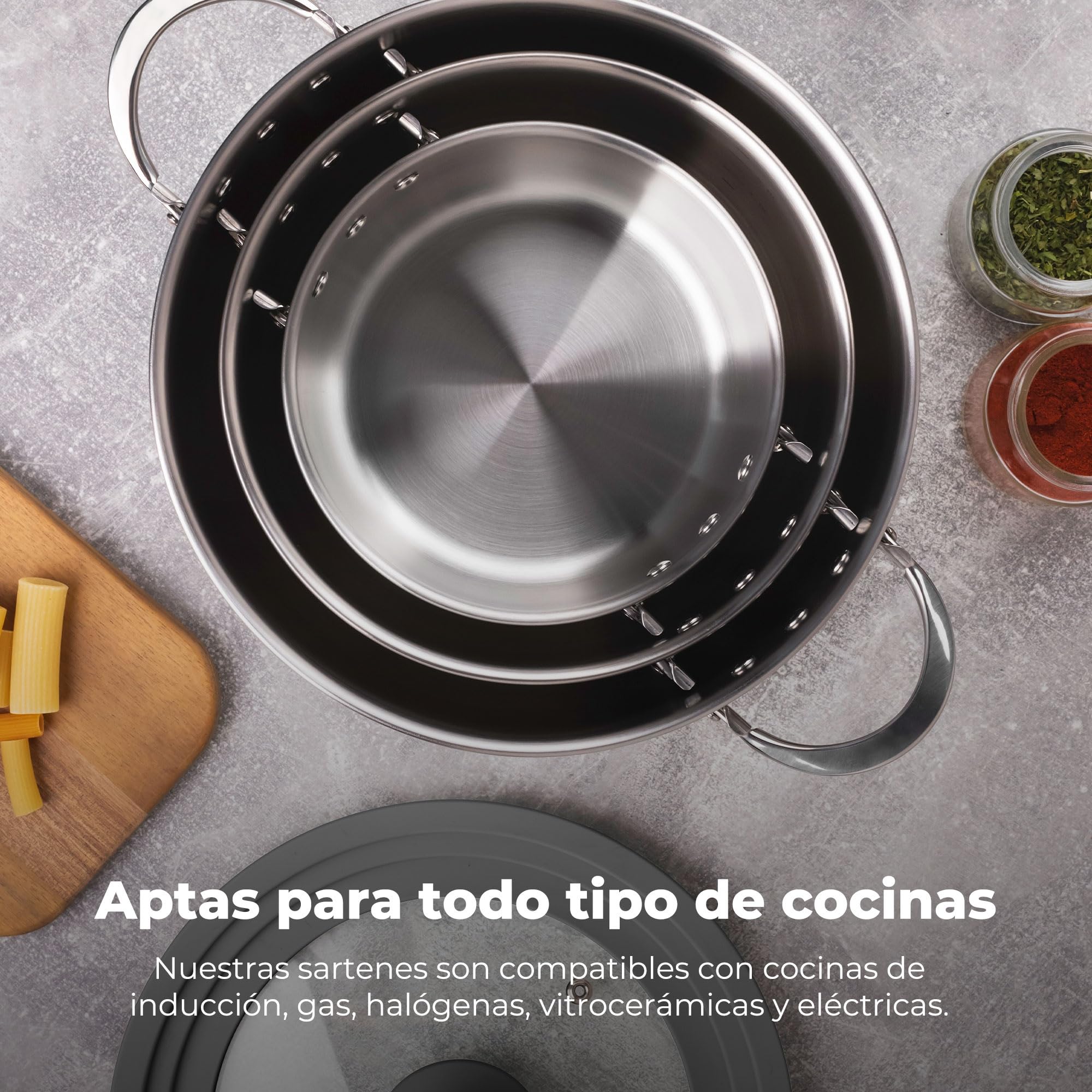Set de batería de cocina en acero inoxidable + 3 sartenes Ø18Ø22Ø26cm en aluminio prensado + 5 boles de cristal con tapas San Ignacio