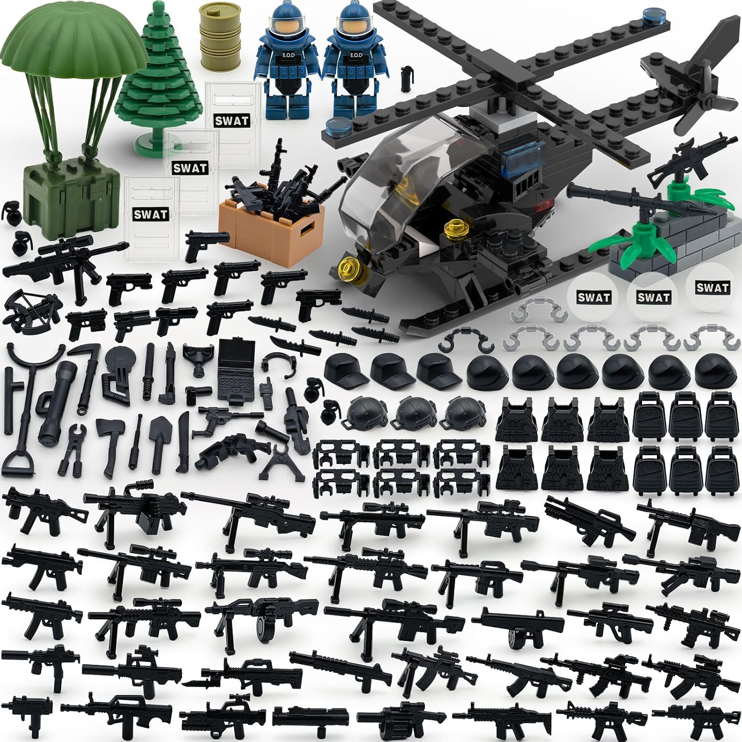 Military Weapon Gun Accessories Kits Toy for Swat Team Building Block Army Weapon Set Include Helicopter Helmets E.O.D Suit for Army Equipment Gear Sets Compatible with Major Mini Figure