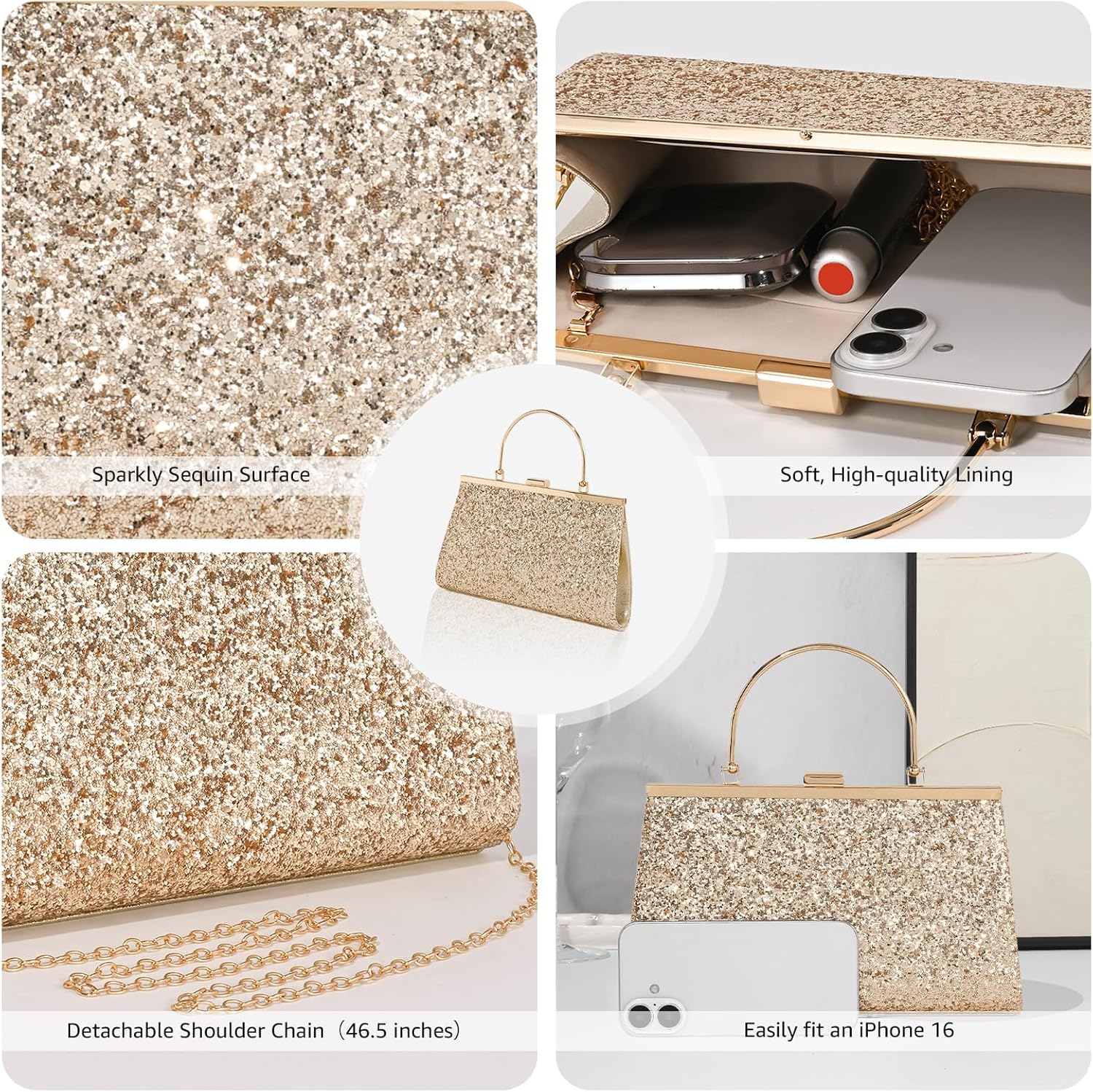 Evening Bag for Women Sparkly Handbag with Chain, Women's Shoulder Bag Pleated Clutch Purse for Wedding, Prom, Party - Image 4