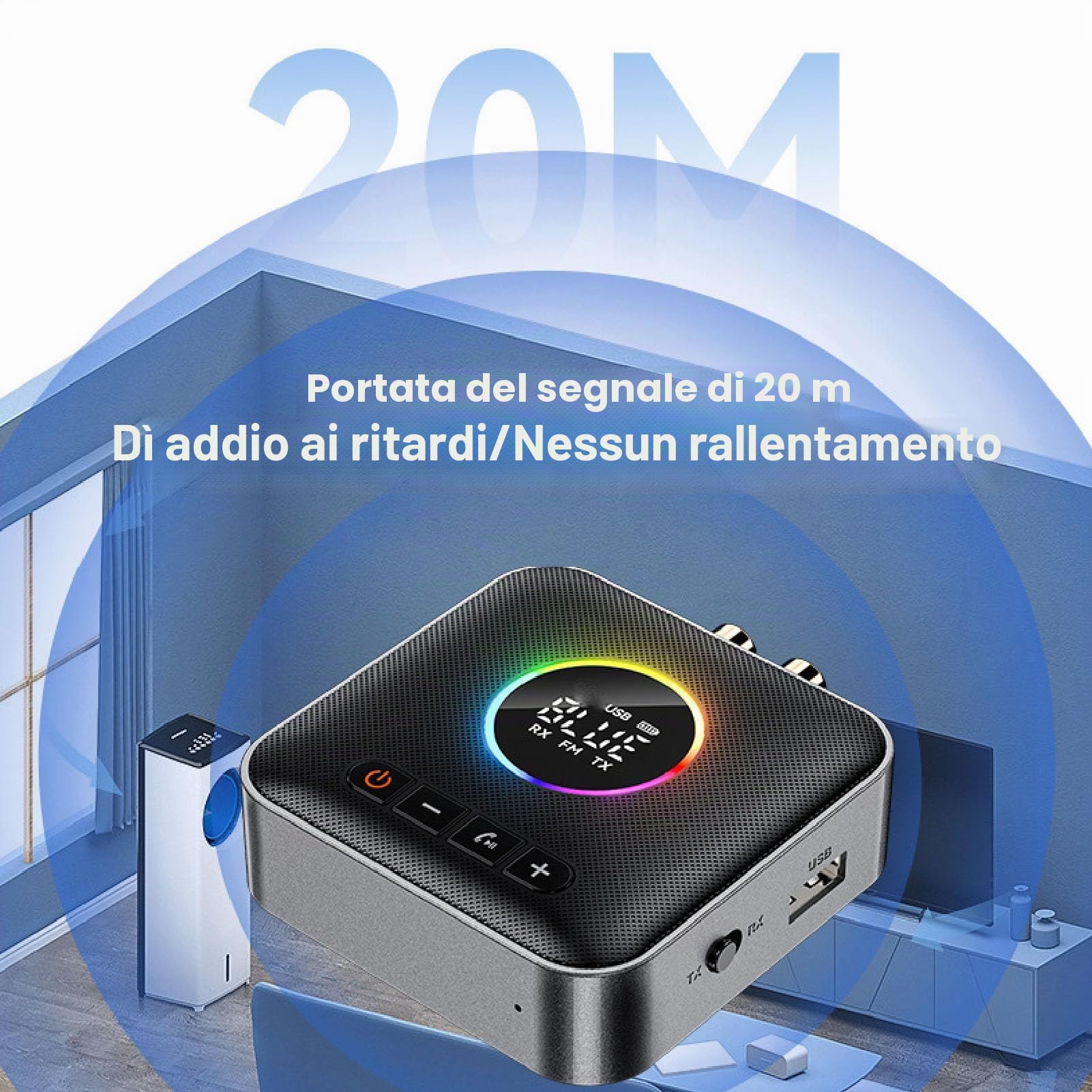 Ricevitore Trasmettitore Bluetooth 6.0 per TV, Adattatore Audio Wireless 3 in 1 con Trasmettitore FM, Display Digitale a LED, USB AUX da 3,5 Mm per Stereo Domestico, Luce RGB