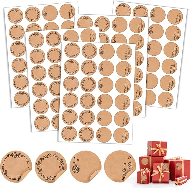 480Pcs Christmas Stickers, 1.5"Adhesive Christmas Labels Stickers, 4 Designs Round Kraft Xmas Tags Stickers, Labels Sealing Stickers for Envelope Wedding Party Supplies Gifts Decoration