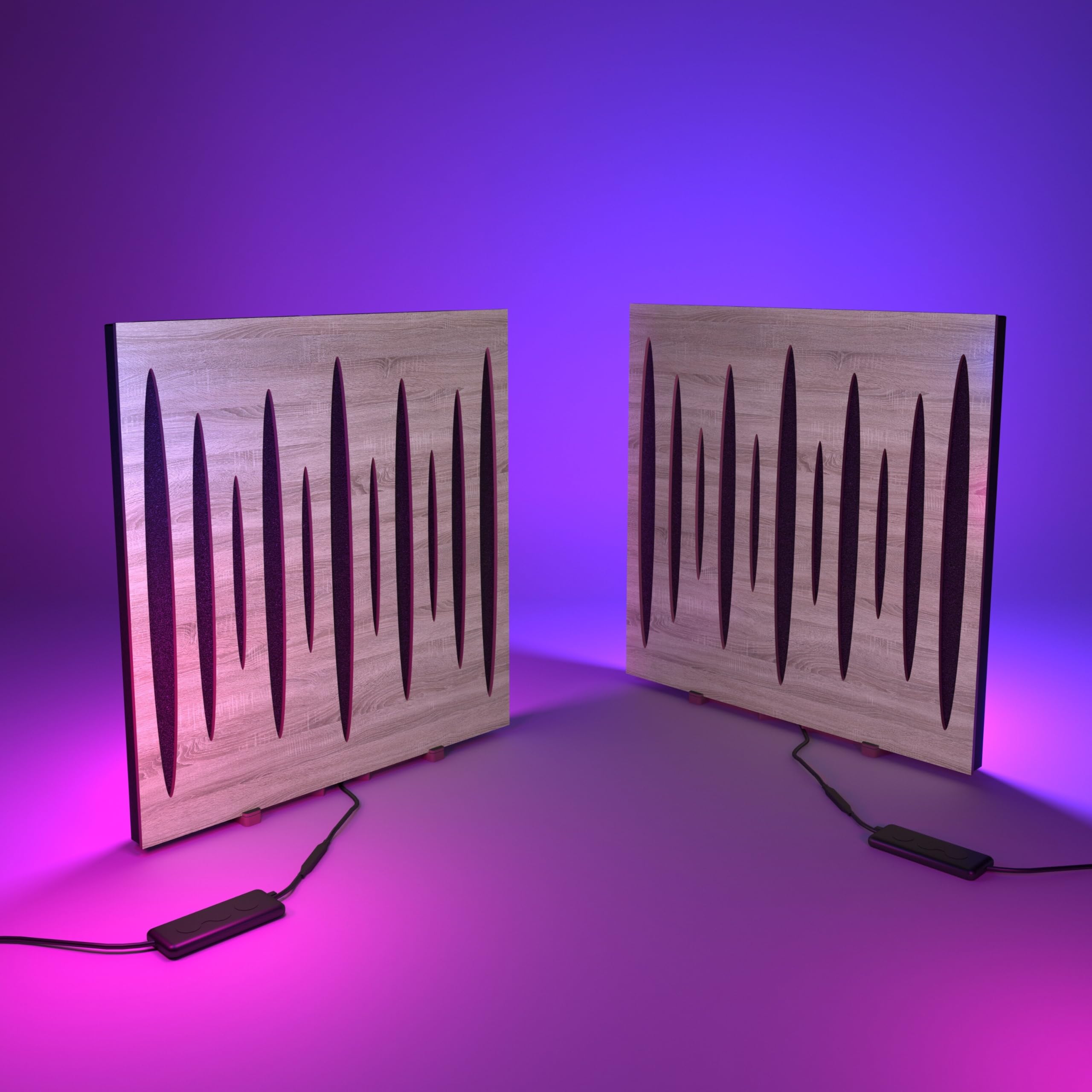 Set di 2 pannelli acustici con lampada da tavolo e retroilluminazione LED RGB | 50x50 cm | Pannelli fonoassorbenti mobili su supporto da tavolo per studio e sala giochi | [PULSAR | Sonoma]