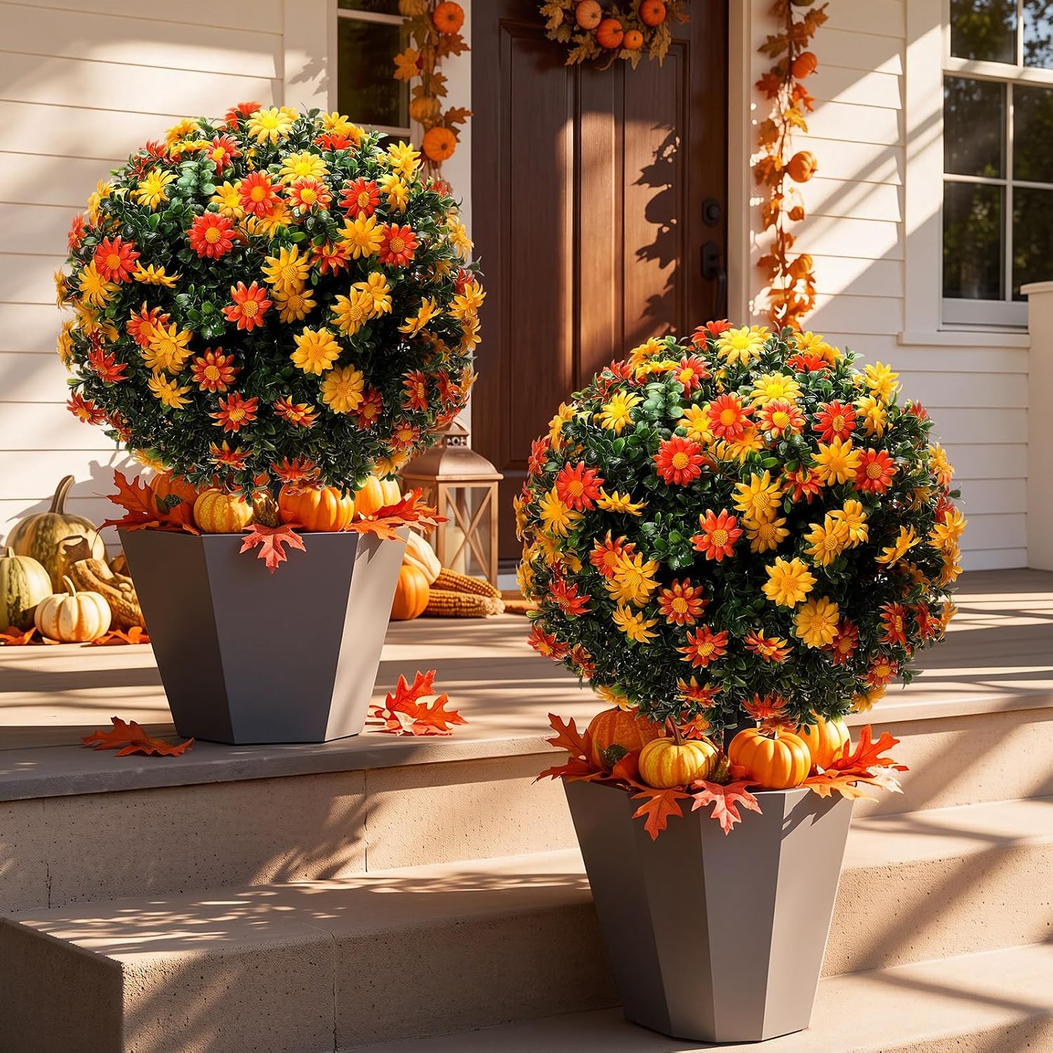 2 Pack Fall Artificial Mums Topiary Ball Tree Outdoor Fake Mums Boxwood Plants 22 Inch Faux Autumn Flowers with Ground Spike Flower for Garden Yard Porch Patio Autumn Decor