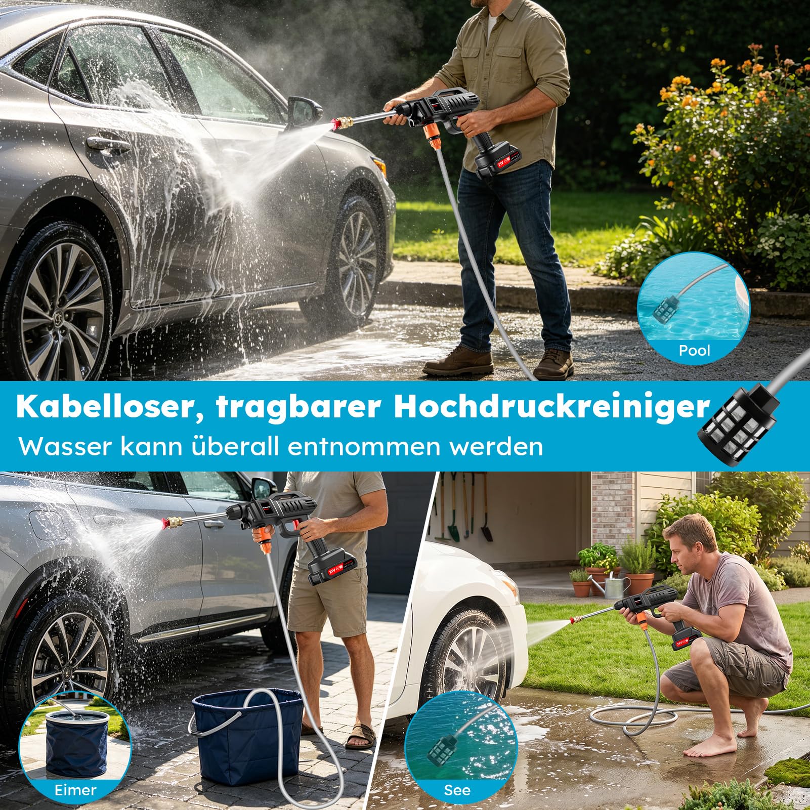 Akku Hochdruckreiniger 21V, Tragbarer Hochdruckreiniger 60 Bar, Kabelloser Mobiler Hochdruckreiniger mit 2 Akkus, Multifunktionsdüse, 5m Schlauch, Auto Garten Terrassen Reinigung (Eimer)