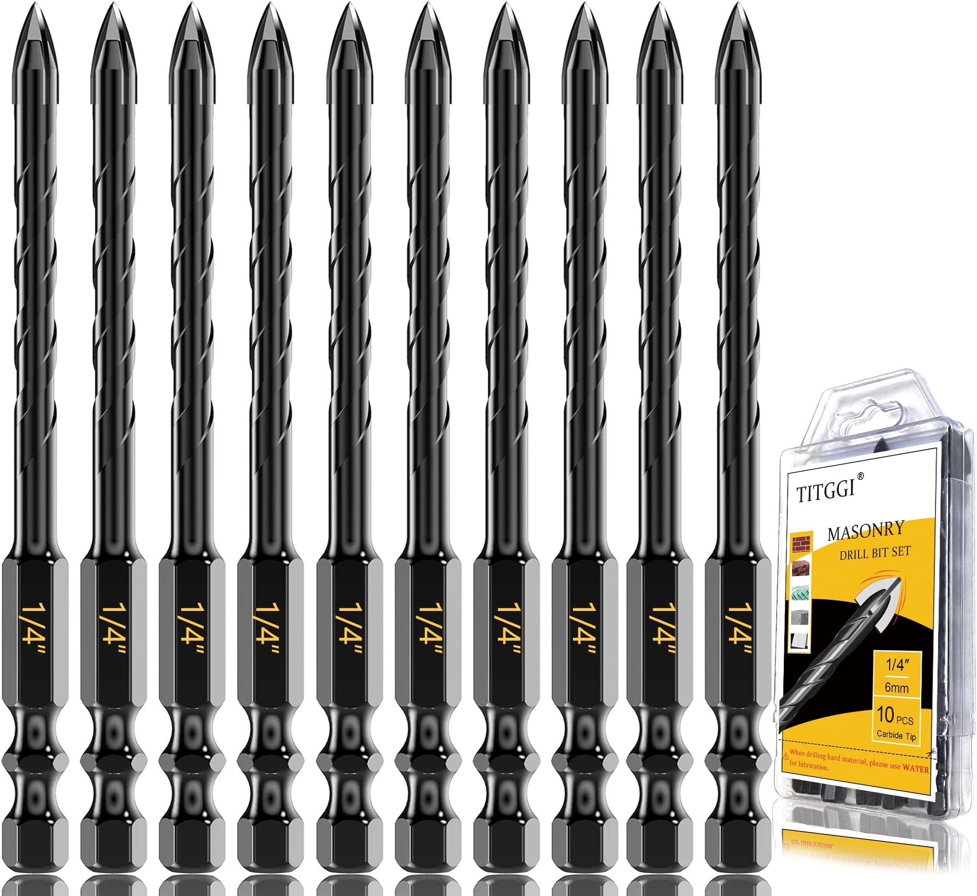 - Masonry Drill Bit Set 1/4" (10PCS) - Cement Drill Bit, Professional Concrete Drill Bit Set for Glass/Brick/Cement/Tile/Etc, Industrial Strength Carbide Cross Drill Bit Tip, by TITGGI