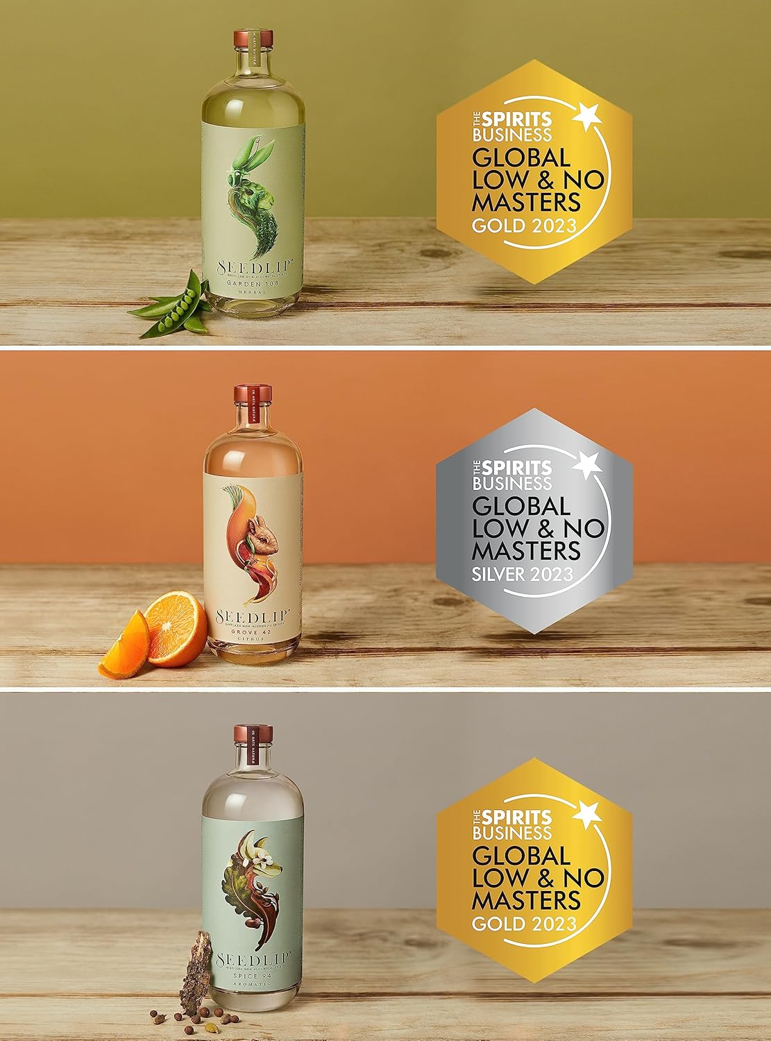 Seedlip - Non-Alcoholic Spirits Trio Bundle | Grove 42, Garden 108 and Spice 94 | Calorie Free, Sugar Free | Spirit Alternative | Alcohol Free Cocktails | 23.7 fl oz (Pack of 3, 700ml)