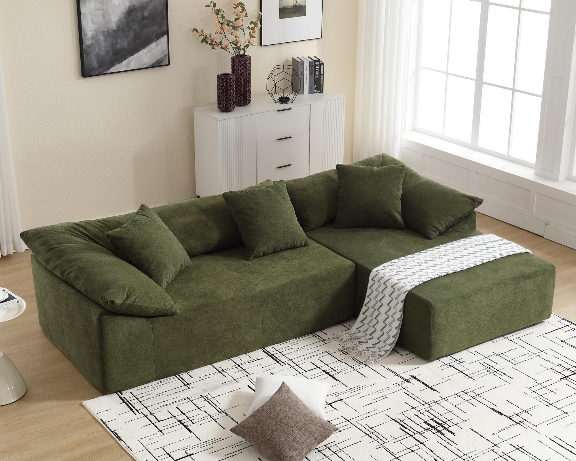 Modern 105.9" L Shaped Green Sectional Couch, Modular Comfy Cloud Couches with Chaise Lounge & Pillows, Minimalist 2 Pieces Floor Sofas for Apartment Office, Cashmere