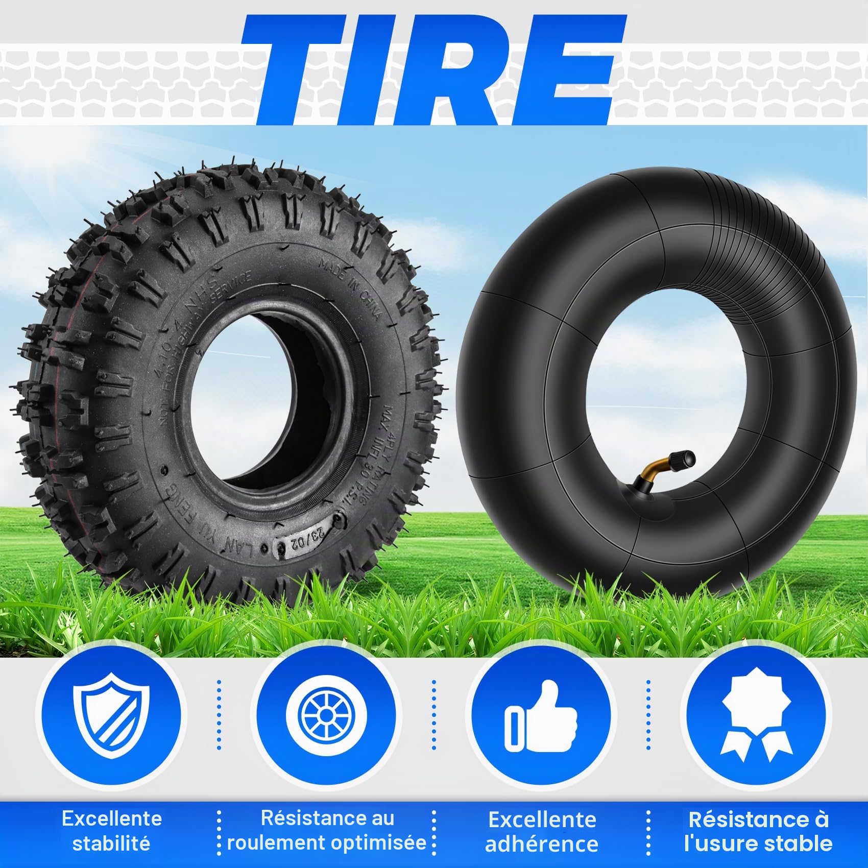 4.10-4+ Kit de pneus pour motoculteur, souffleuse à neige, tondeuse à gazon, diable, brouette, kart pour enfants et plus encore