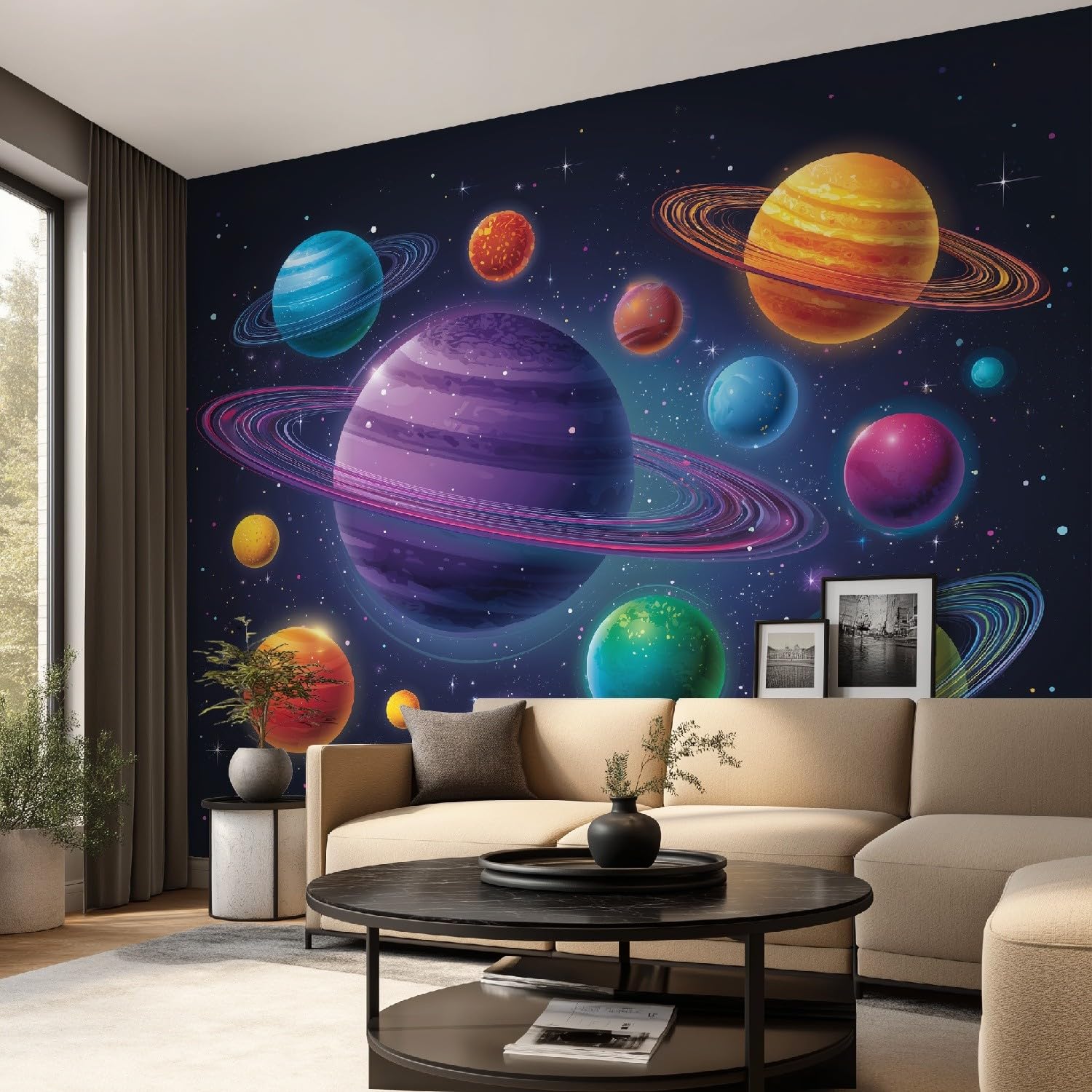 Mural de pared de astronomía de ciencia ficción del espacio exterior, diseño de planetas del sistema solar, calcomanías de pared para decoración del hogar, fondo de televisión, gran arte, pintura