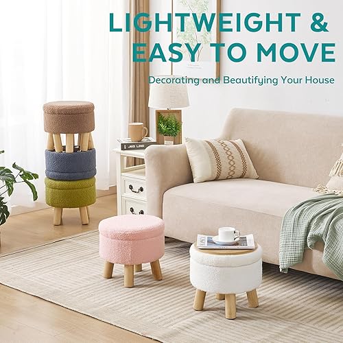 Miniatura 9 de Otomana Pequeña con Almacenamiento, Otomana de Almacenamiento Pequeña Redonda, Taburete de Pies de Sherpa con Patas, Otomanas y Reposapiés para Sala