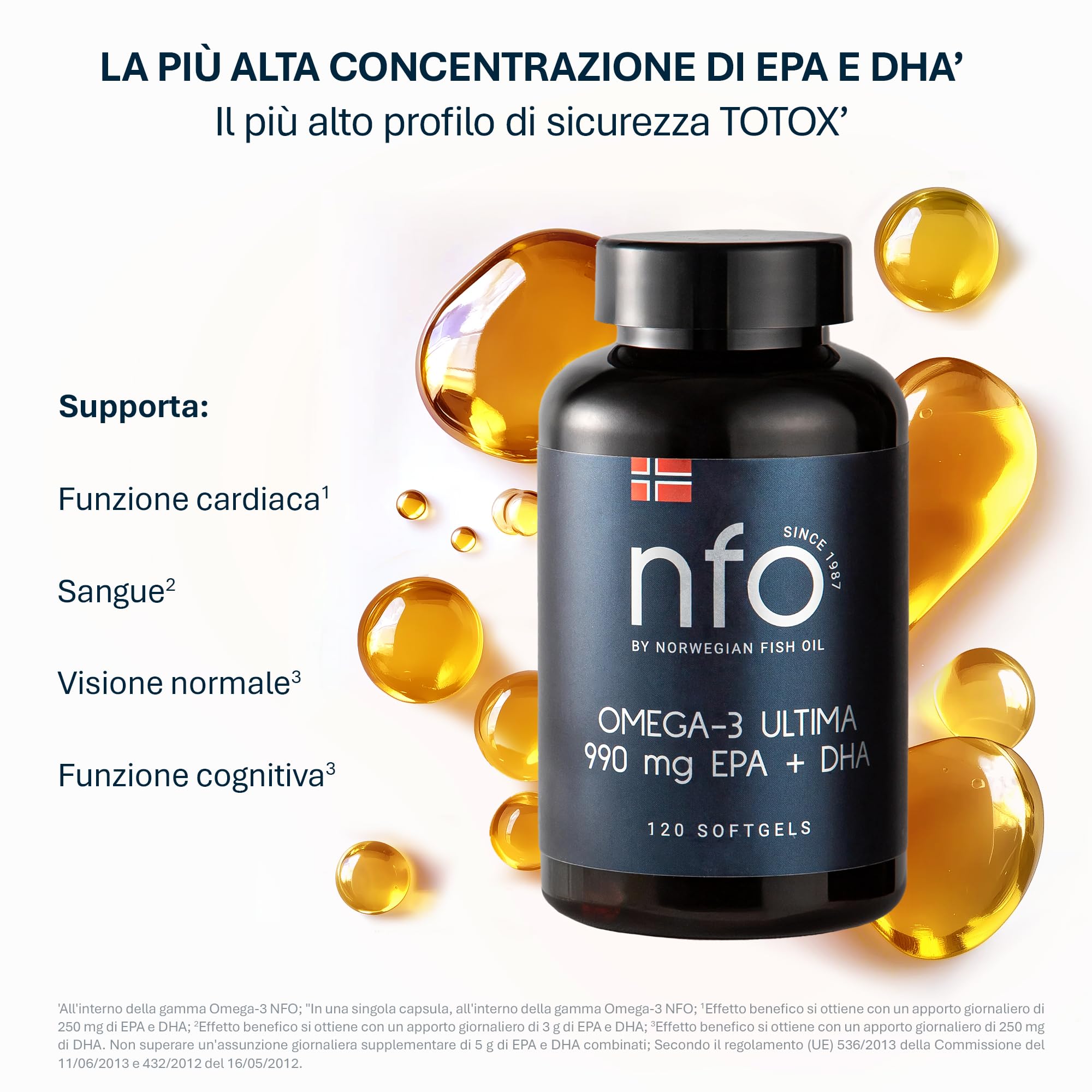 NFO Omega 3 Ultima - 120 Capsule Olio di Pesce Norvegese Alta Concentrazione EPA DHA, 1 Capsula ad Alta Dose con Vitamina E, Alta Purezza, Senza OGM