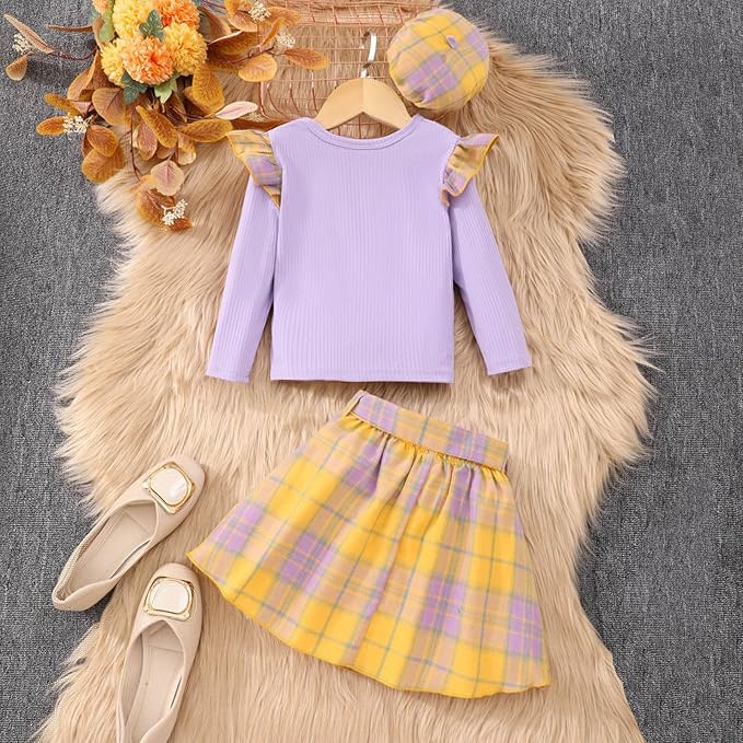 Ensemble Fille 3-7 Ans Chic Et Elegant Automne Sous Pull Fille Leger Manche Longue + Robe Salopette Fille Fleurie Volants Velours Côtelé + Casquette Beret Tenue Mode Printemps (Blue, 3-4 Ans