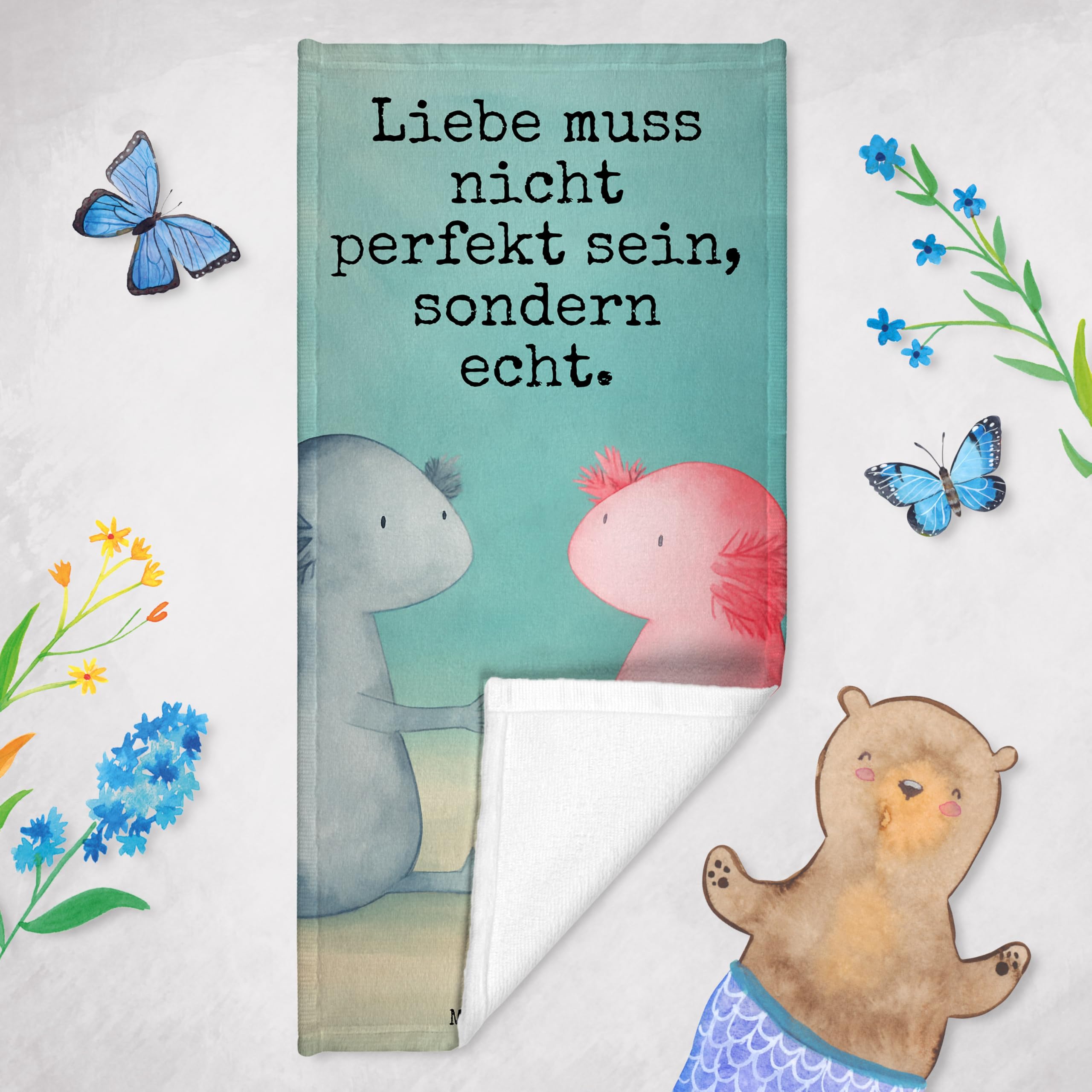 Mr. & Mrs. Panda Strandtuch Axolotl Liebe Design - Geschenk, sporthandtuch, Duschhandtuch, Lurch, Valentinstag, Sport Handtuch, Reisehandtuch