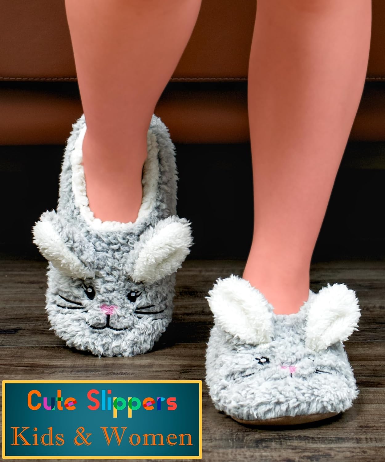 Cute Fuzzy Animal Slippers for Women Kids & Toddler, Soft Sole Plush Non-Slip Indoor Slippers - Image 2