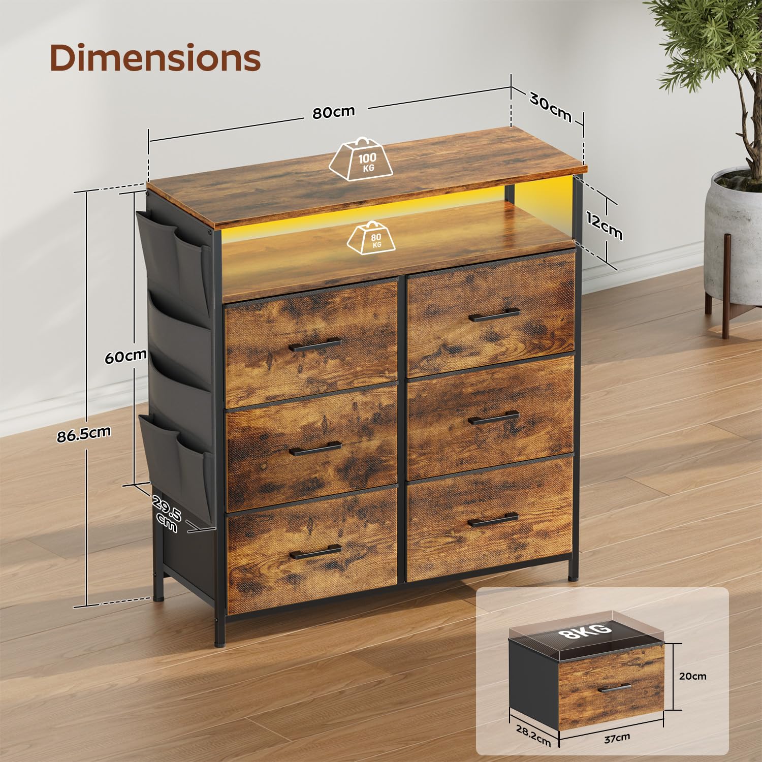 Ladekast met laden, Commode met LED, 6 stoffen opbergladen met Ladekast met laden, Commode met LED, 6 stoffen opbergladen met
