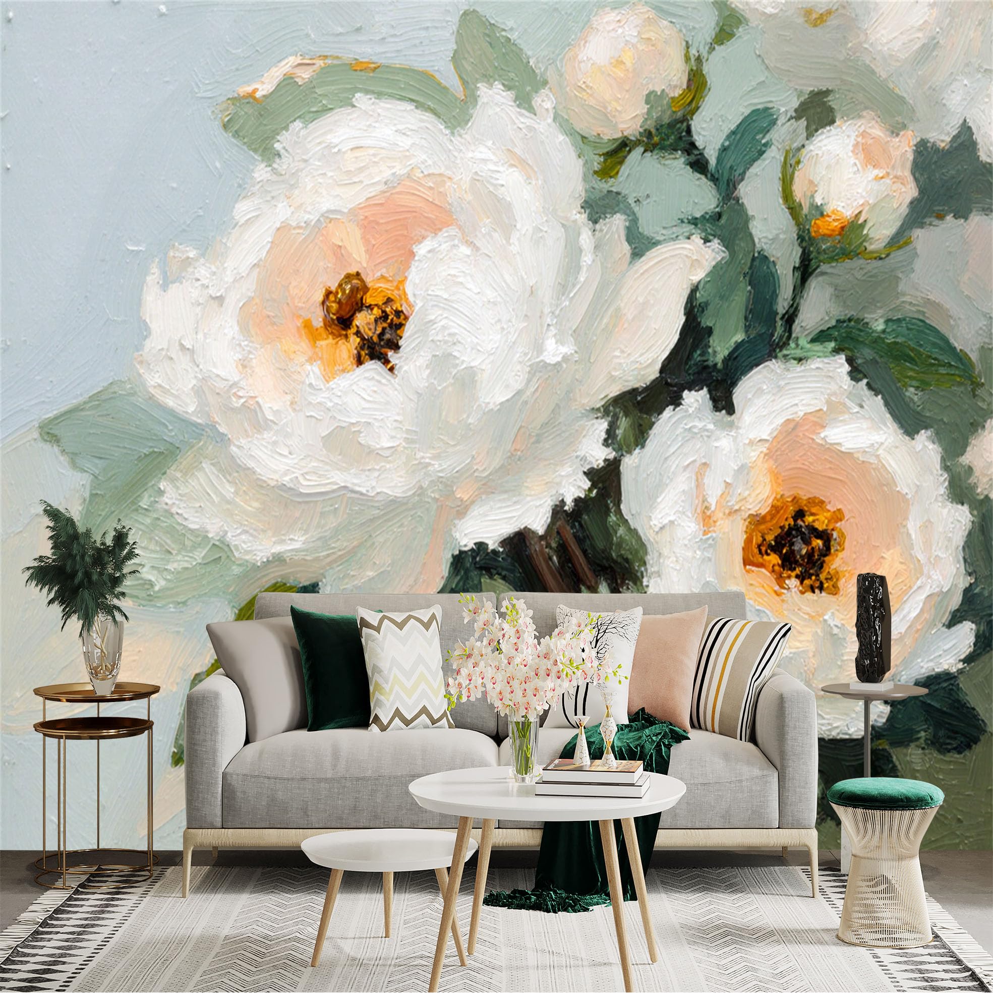 Custom Size Wall Sticker Mural， White Peony Flowers Oil Painting， Impasto Floral Texture， Elegant Botanical Art， for wall Decoration， peelandstick wall Decals.