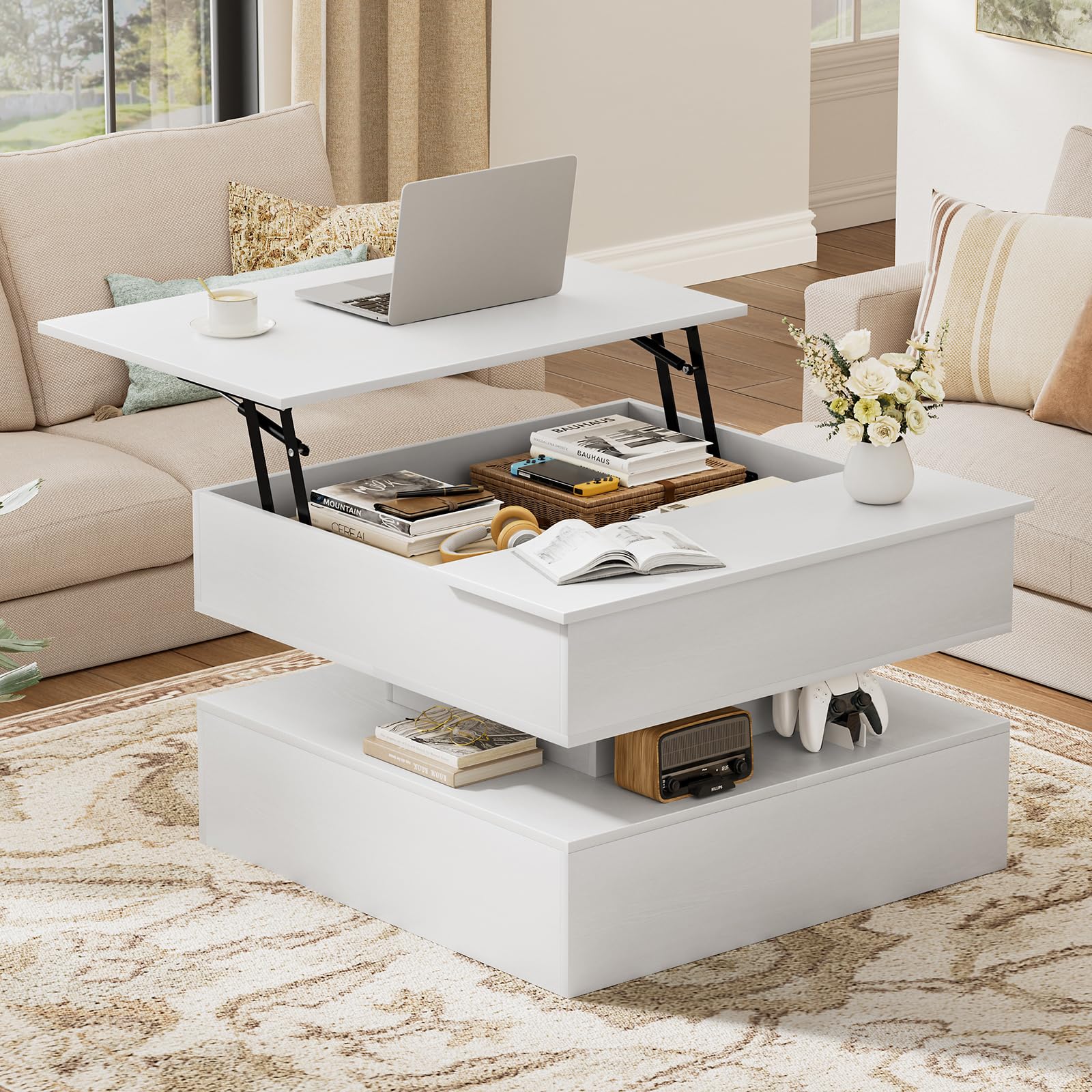 FABATO Lift Top Coffee Table with Storage and Hidden Compartment, Wood Square Coffee Table for Living Room, 31.5'' Small Center Table with Open Display Shelf for Dining Reception Room, White