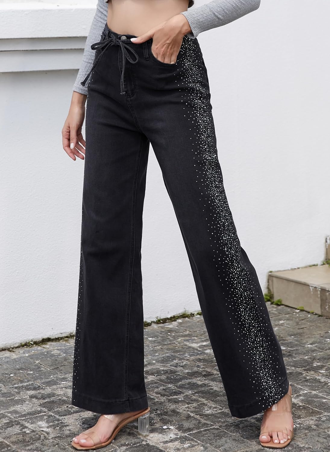 Rhinestone Drawstring Jeans for Women, Wide Leg High Waisted Baggy Jeans Denim Pants - Image 6