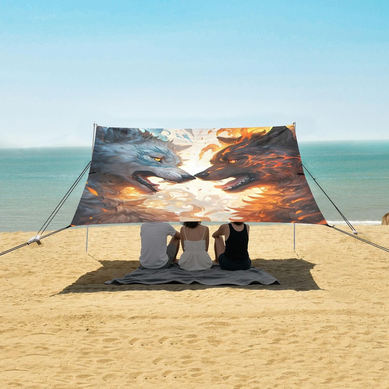 ALAZA Roarring Wolf Fire & Ice Beach Tent Sun Shelter UPF50+ Protection Beach Shade Canopy w/ 4 Sandbags for Outdoor Camping, Fishing, Backyard Fun, Picnic, 10x9 ft