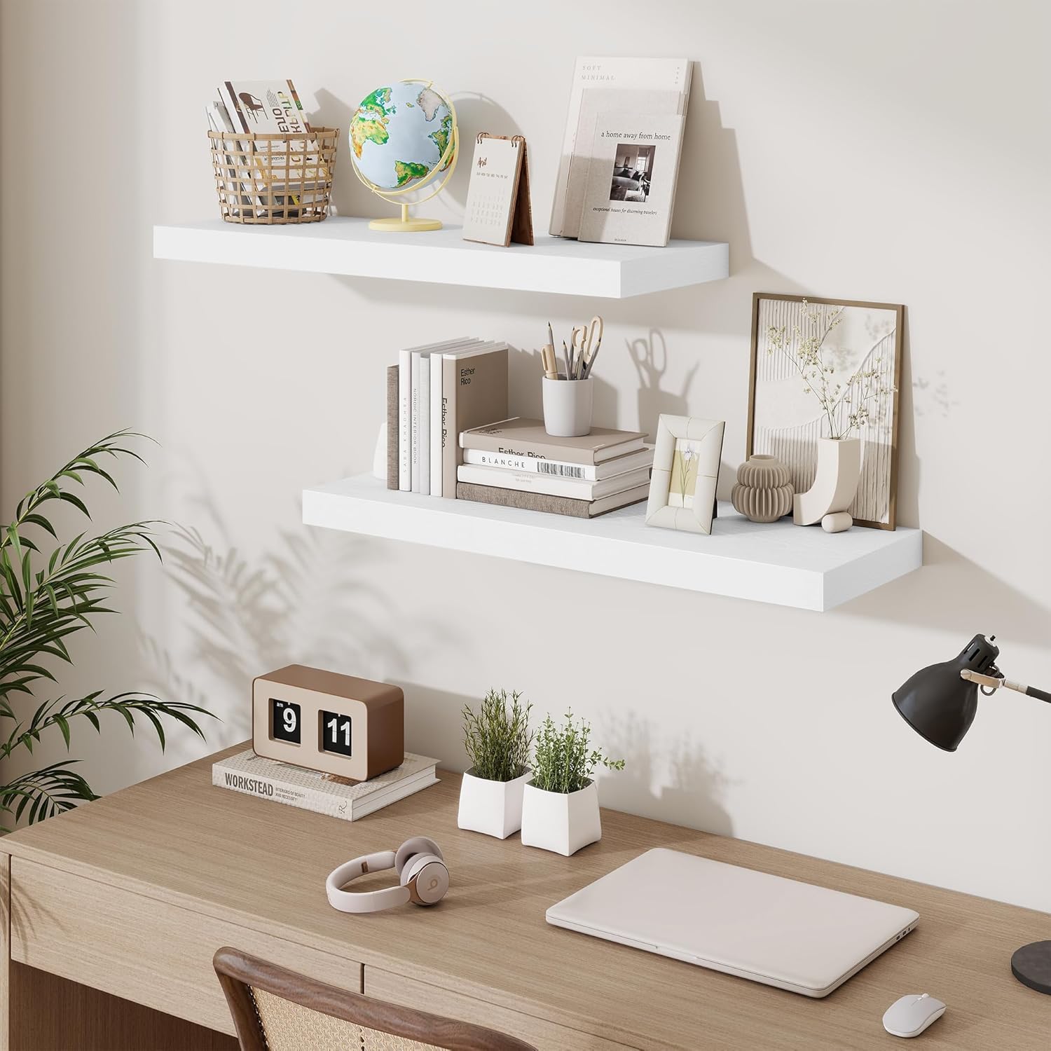 Fun Memories Floating Shelves for Wall, 32 Inch Long Floating Shelves Set of 2, 32 x 10 Wooden Shelves for Wall, Large Storage Shelves, Hanging Shelves for Bathroom Kitchen Bedroom, White