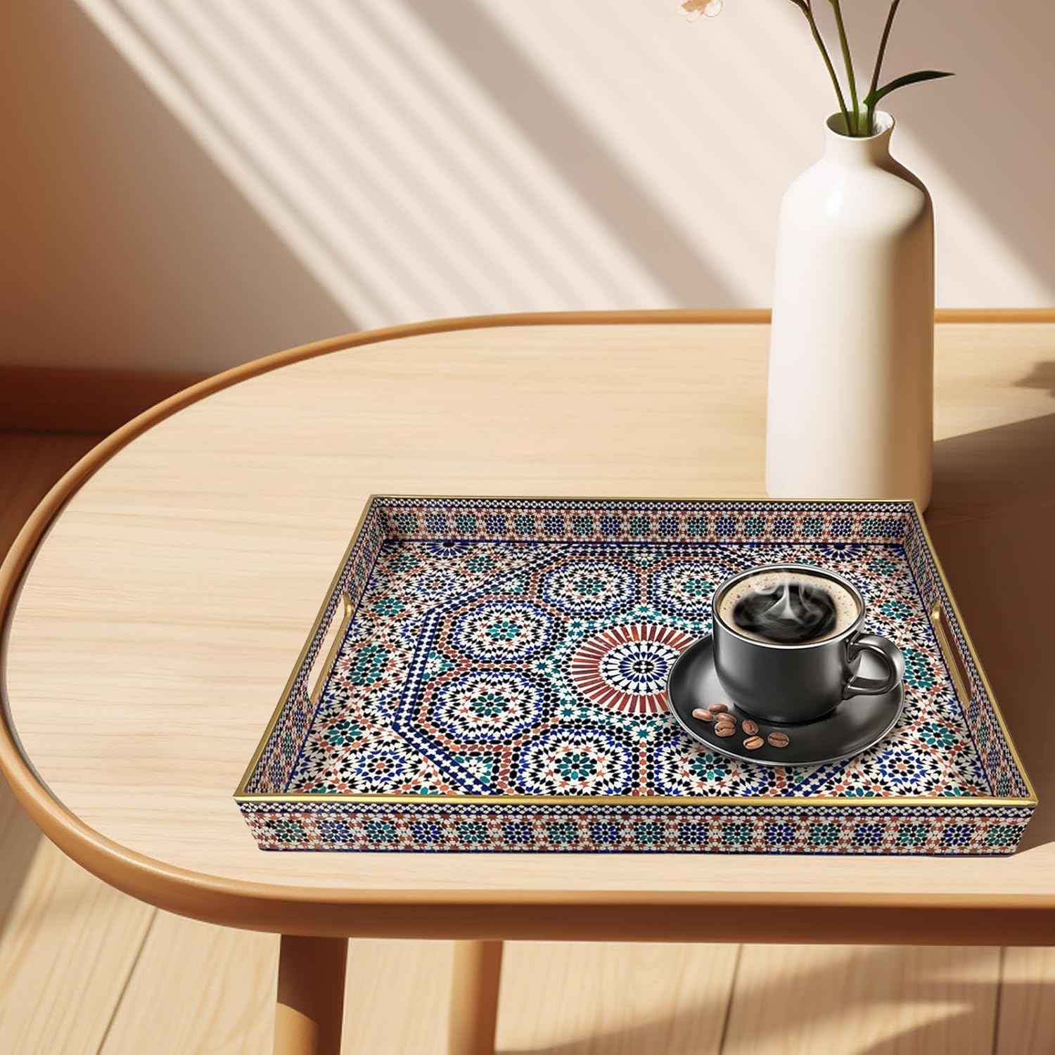 Plastic Coffee Trays,Serving Tray,Bohemian Blue Tray,15.7" L x 11.8" W x 1.57" H,Lightweight and Non-Slip with Handles,Perfect for Restaurants,Cafés,and Home Use(Rectangle Bohemian Blue) - Image 4