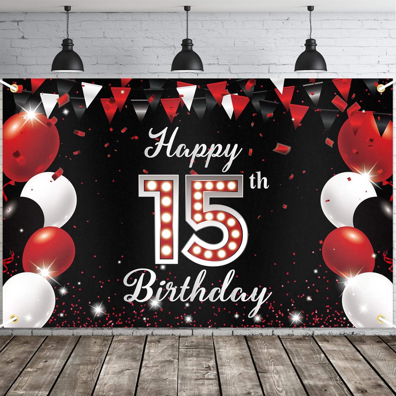 JOYKY Happy 15th Birthday Banner, Red Black Happy 15th Birthday Party Decorations for Boys Girls, 15 Year Old Birthday Supplies Backdrop Décor, 5.9 X