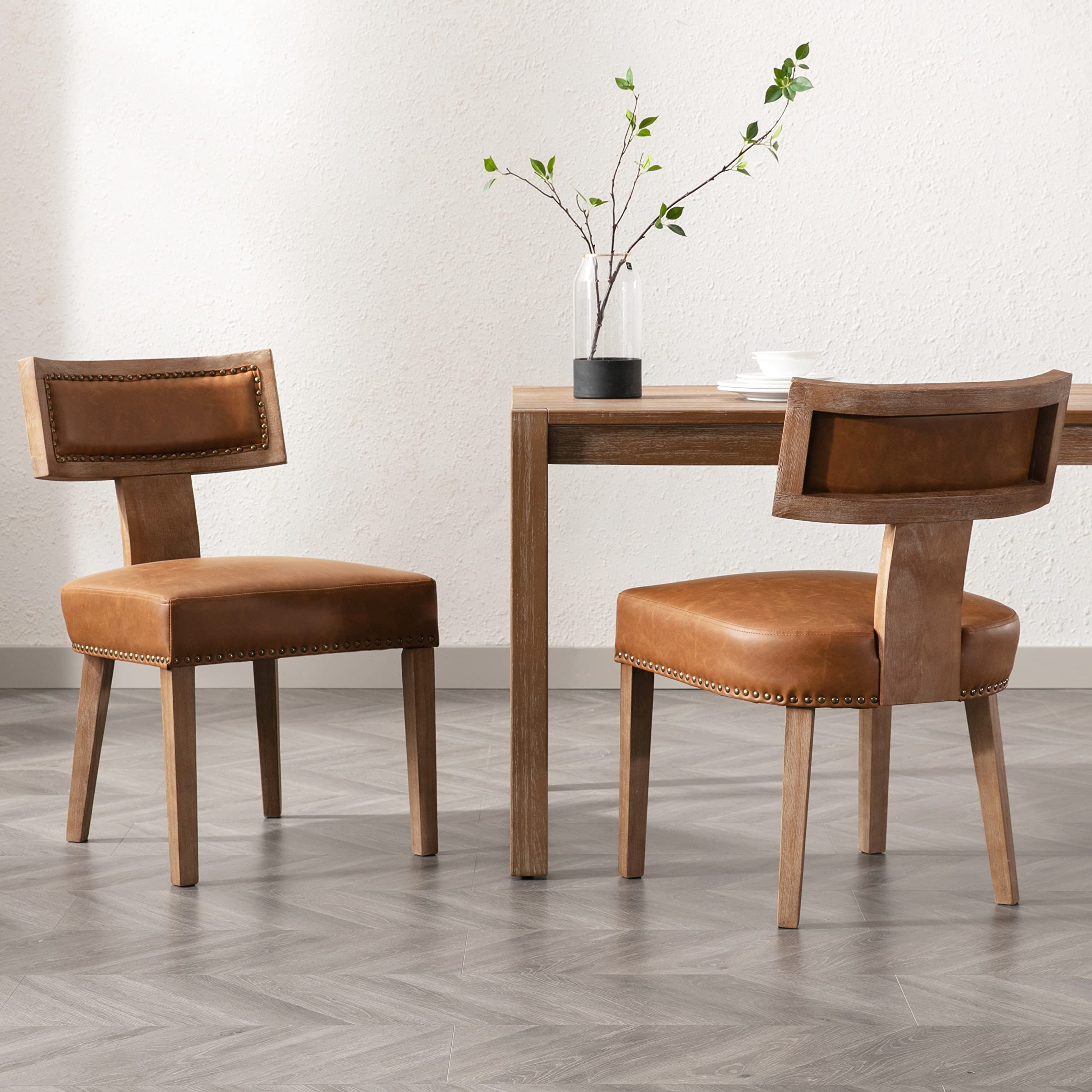 RIVOVA Mid Century Modern Dining Chairs Set of 2 PU Leather Upholstered Kitchen Side Chairs with Nailhead Trim, Modern Kitchen Armless Solid Wood Dining Chairs, Brown
