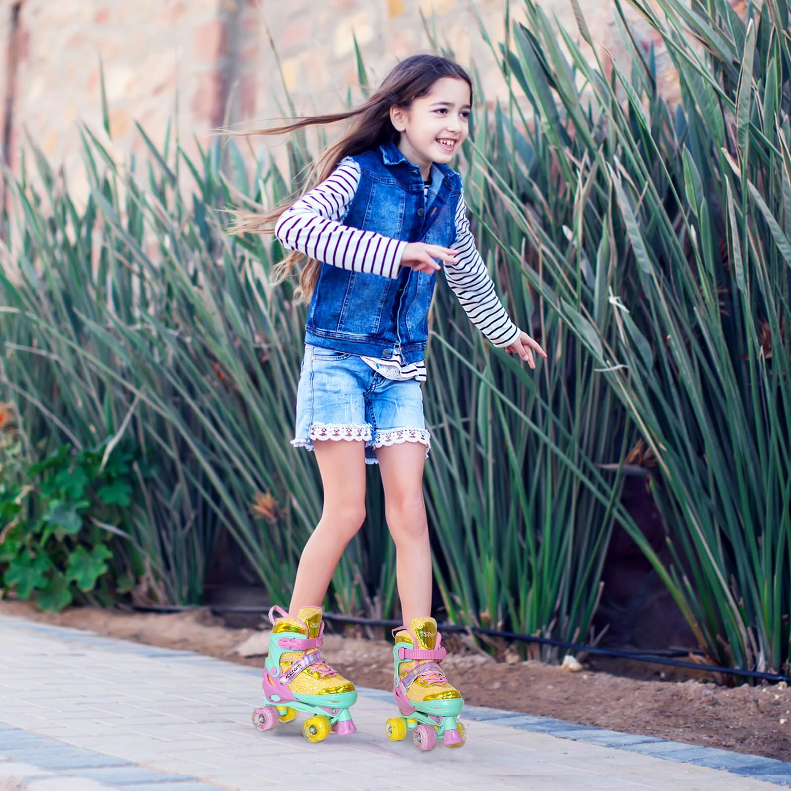 Nattork Patines de ruedas para niñas y niños, 4 tamaños ajustables, patines para niñas de 3 a 12 años con ruedas iluminadas y protección de seguridad, regalo de cumpleaños genial para deportes en