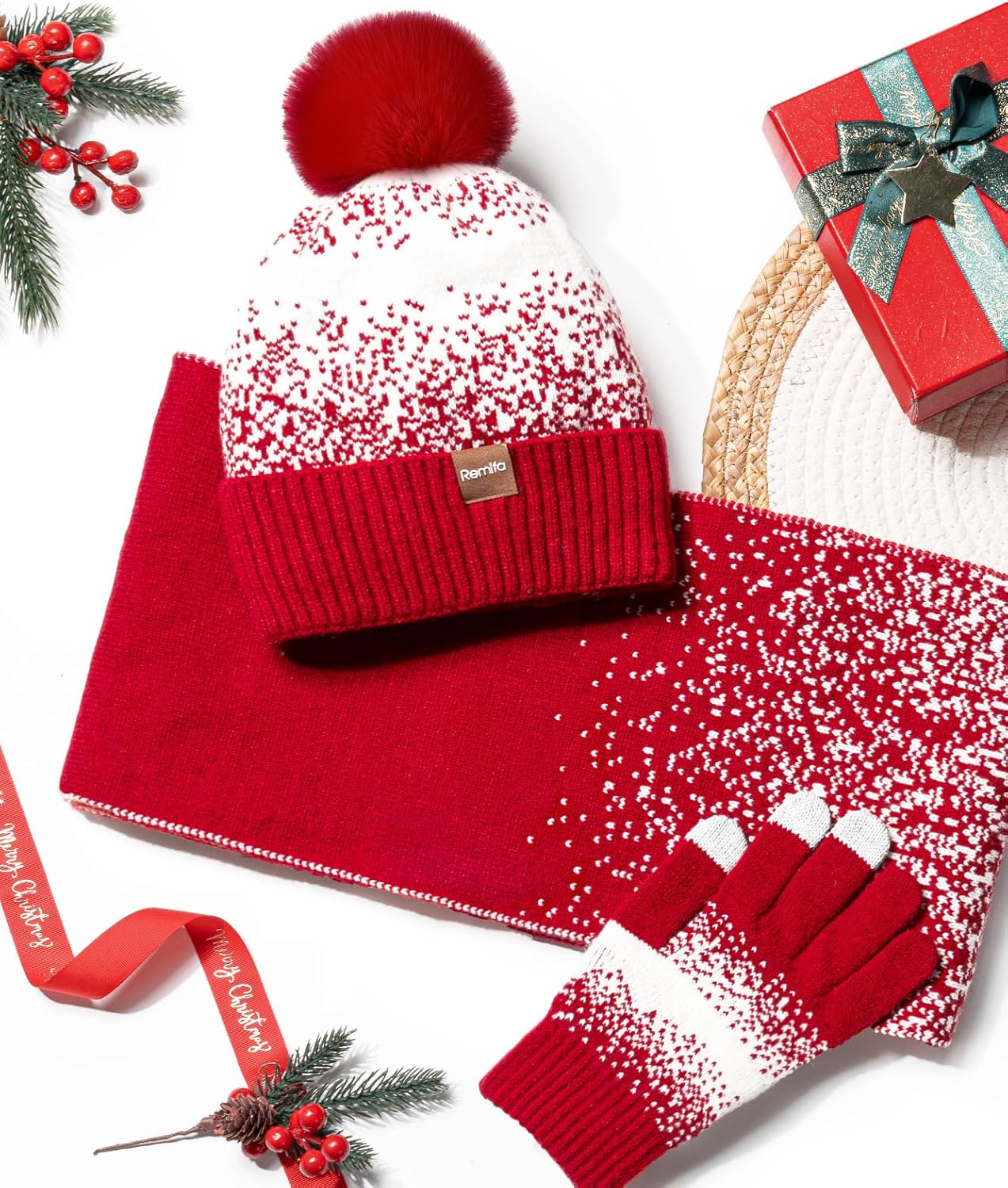 Remifa Womens Winter Beanie Hat Scarf Gloves Set, Pom Pom Warm Hat Long Knit Scarf Touchscreen Gloves 3 In 1 Christmas Gift - Image 7