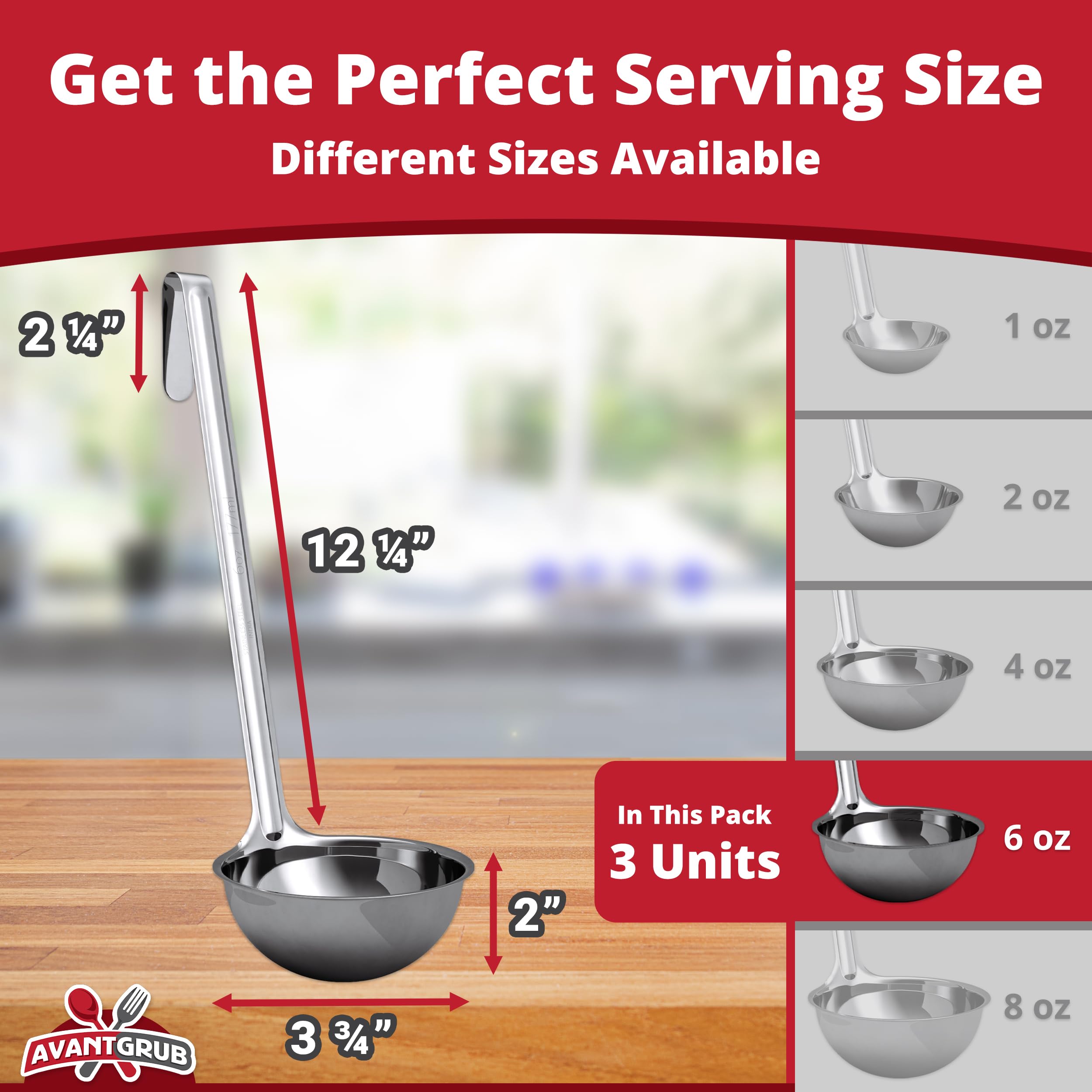 Cucharón de sopa súper resistente y ergonómico de 6 onzas, paquete de 3. Cucharones de acero inoxidable con asas largas. Los mejores accesorios de cocina para agitar, porciones y servir sopas, chile y
