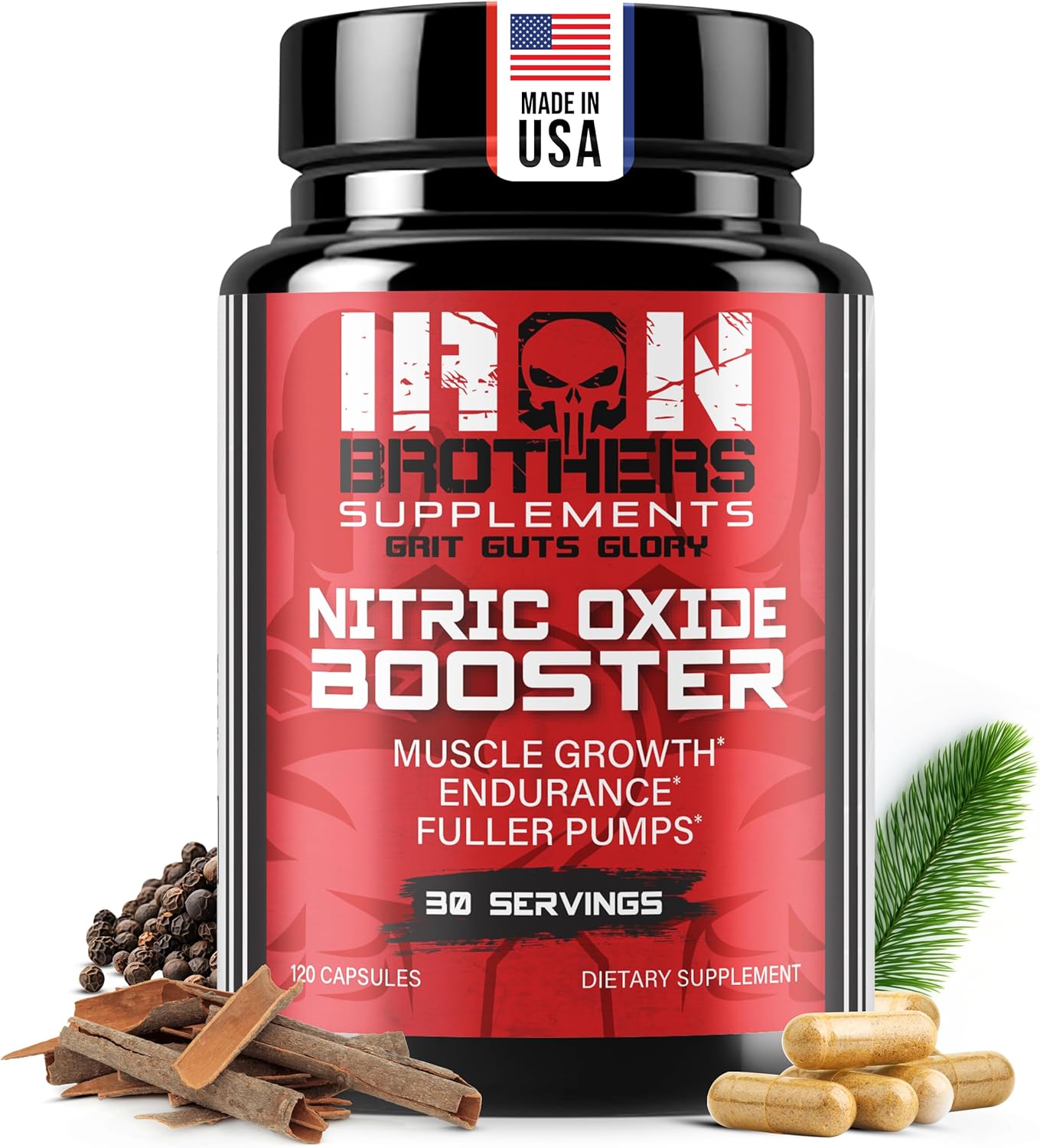 Iron Brothers Nitric Oxide Supplement for Men & Women | Pre-Workout Nitric Oxide Booster for Enhanced Muscle Pump, Blood Flow & Endurance | L-Arginine, L-Citrulline, Pine Bark Extract | 120 Vegan Caps
