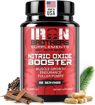 Iron Brothers Nitric Oxide Supplement - 1980mg Triple-Action Formula | Pre-Workout for Muscle Pump, Blood Flow & Endurance | L-Arginine, L-Citrulline, Pine Bark | 120 Vegan Capsules 30 Servings
