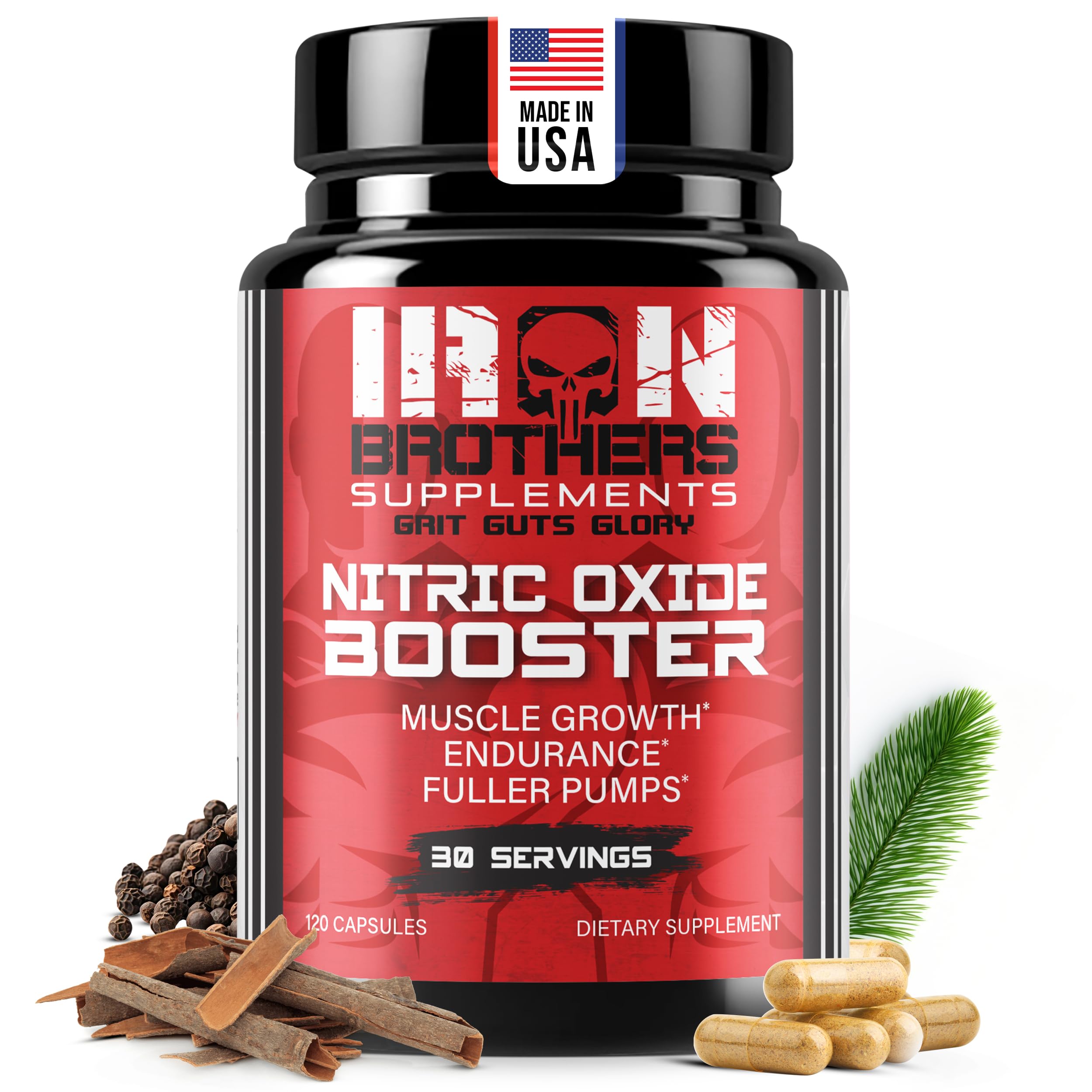Iron Brothers Nitric Oxide Supplement for Men & Women | Pre-Workout Nitric Oxide Booster for Enhanced Muscle Pump, Blood Flow & Endurance | L-Arginine, L-Citrulline, Pine Bark Extract | 120 Vegan Caps