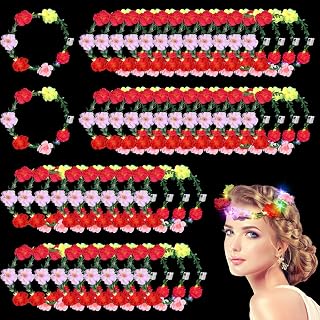 Syhood Summer Party Favor, 50 Pcs LED Flower Crowns Headbands, Light up Flower Crowns for Women, Glow in the Dark Headband for Cinco De Mayo Wedding Birthday Cosplay Princess Party Favors(Peony)