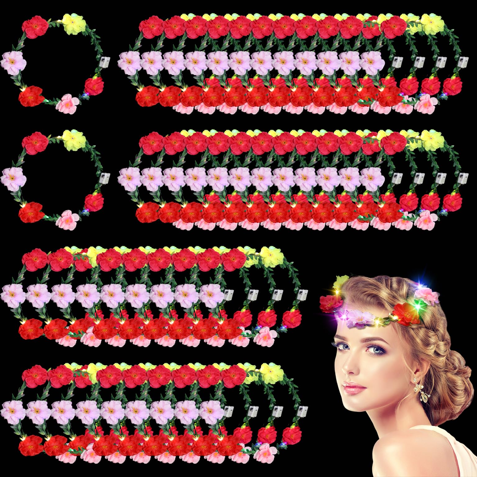 Lot de 50 couronnes de fleurs lumineuses à DEL pour cheveux - Multicolore - Pour femme et fille - Pour mariage, anniversaire, fête - Vacances (pivoine)