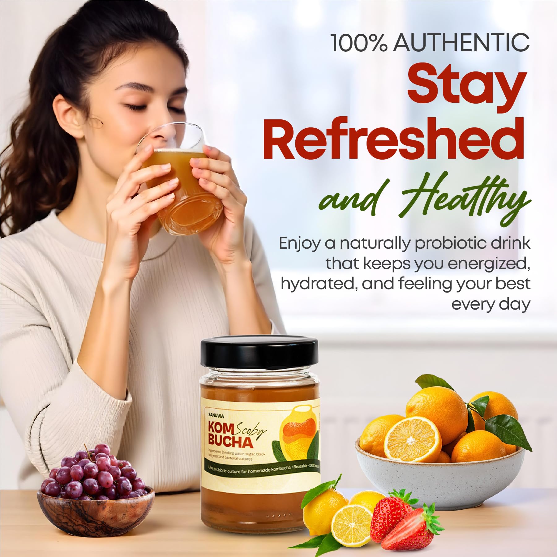 SANUVIA Kombucha SCOBY Starter Culture – Hongo de té con 300 ml de té iniciador en frasco de vidrio – Vegano, cultivo vivo, reutilizable