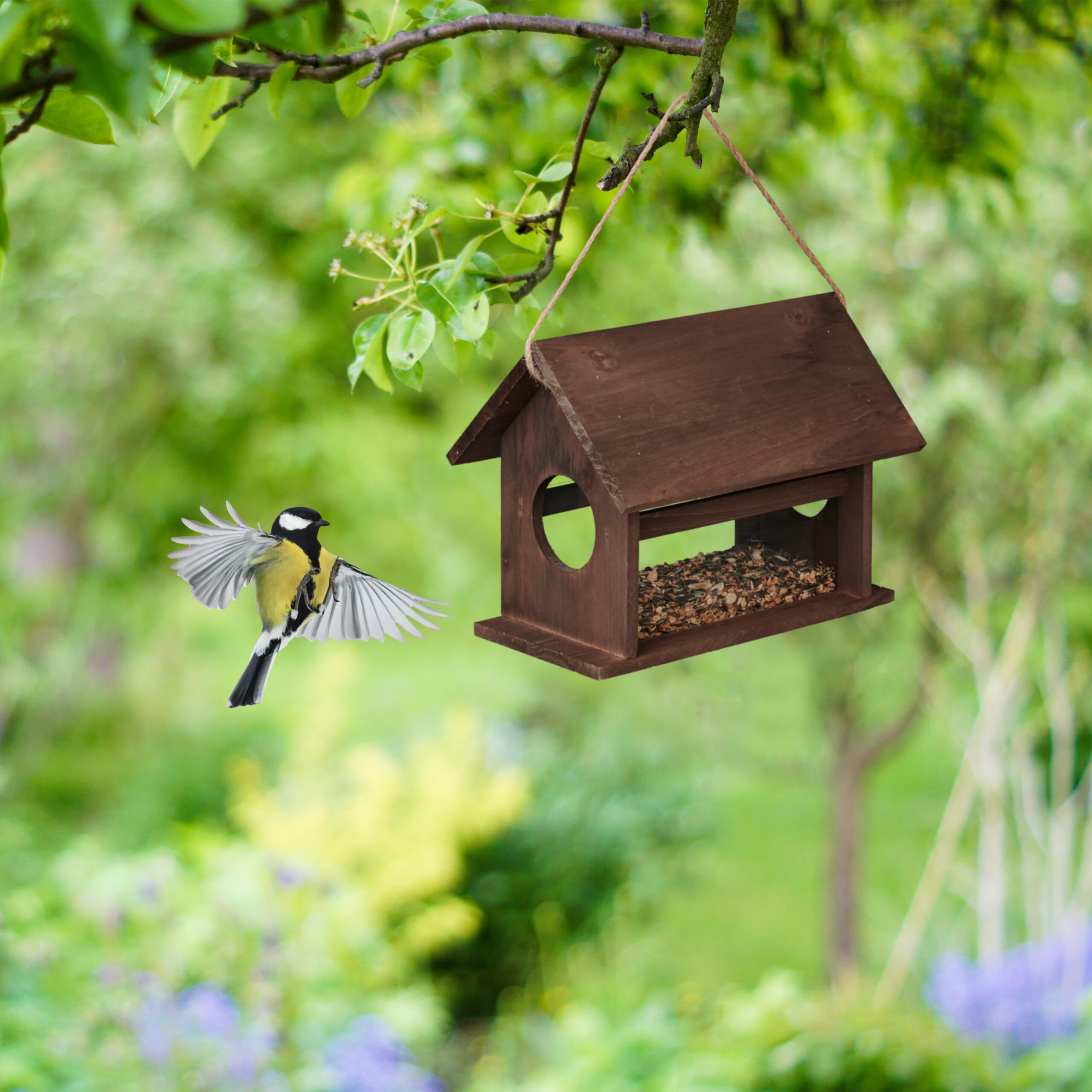 Relaxdays Mangeoire d'extérieur pour Oiseaux Sauvages, à Suspendre ou Poser, H x L x P : 24x30x21 cm, Marron foncé